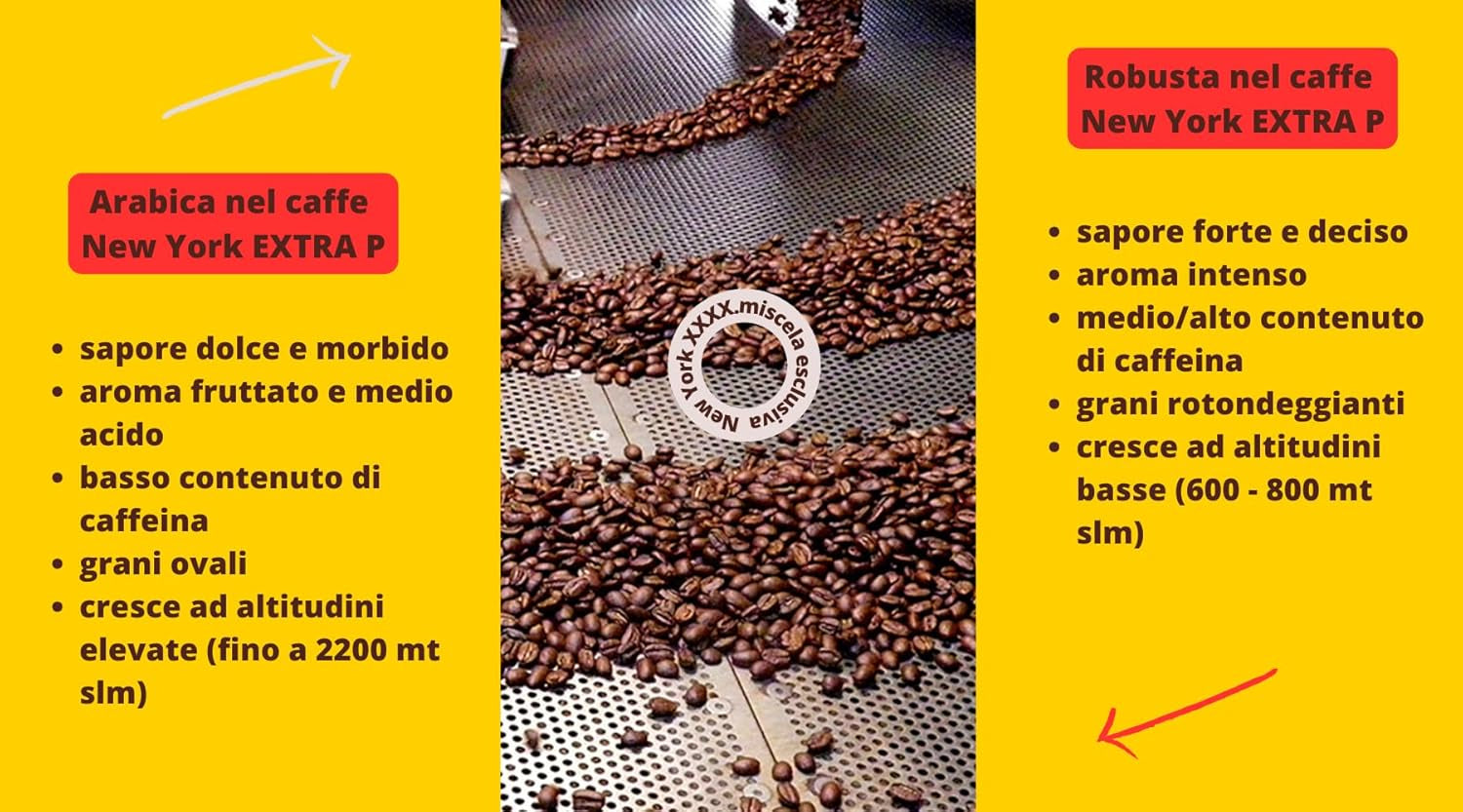 New York Coffee - EXTRA P - Kaffebønner, stærk og afgørende smag, Arabica og Robusta bønner, til maling, italiensk espresso, barblanding - premium kvalitet siden 1930 - 1 kg, bønner
