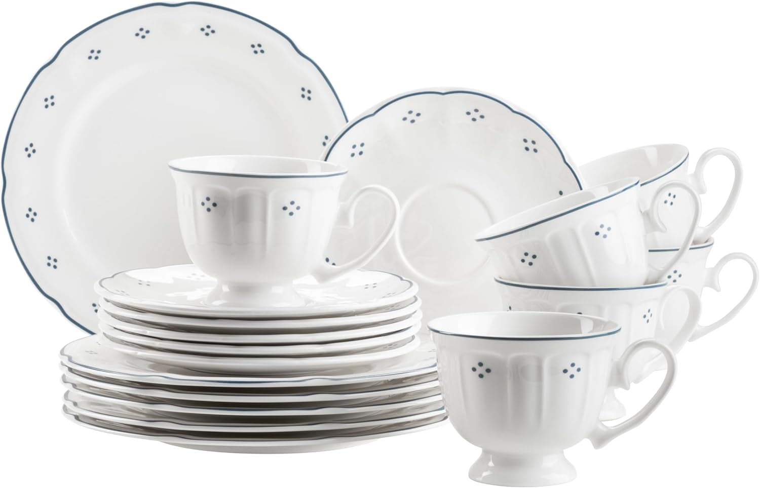 Mäser Lova Series 18 stykke porcelænskaffeservice - 6 desserttallerkener (19,5 cm), 6 kopper (19 cl) og 6 underkopper (15,5 cm), blå