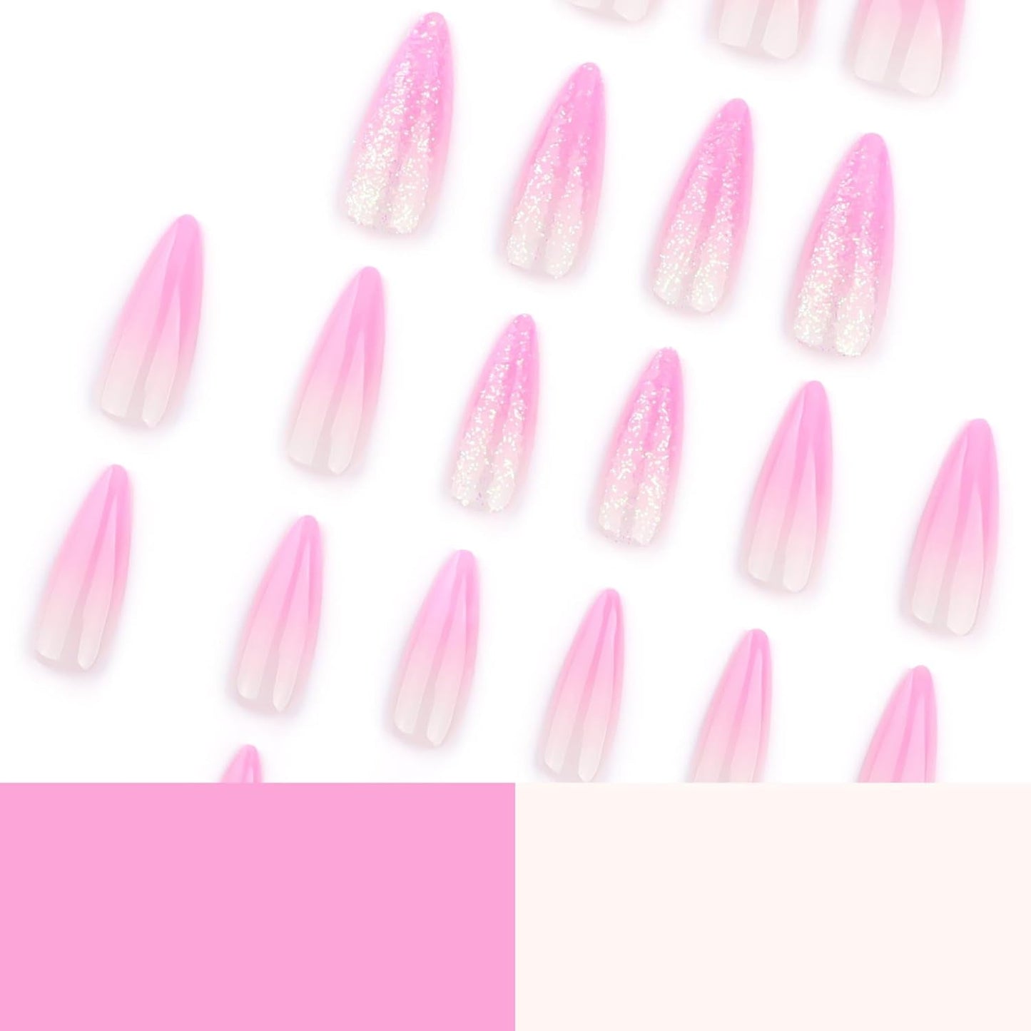 Moonglow Lange Negle Stiletto Mælkehvid Pink Gradient Glitter Cool falske negle med lim Pink Ombre Glitter Kunstige negle