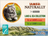 IAMS Naturally Senior Vådfoder i sauce - Højkvalitets kød- og fiskevådfoder til ældre katte, Land & Sea Collection, 12 x 85g