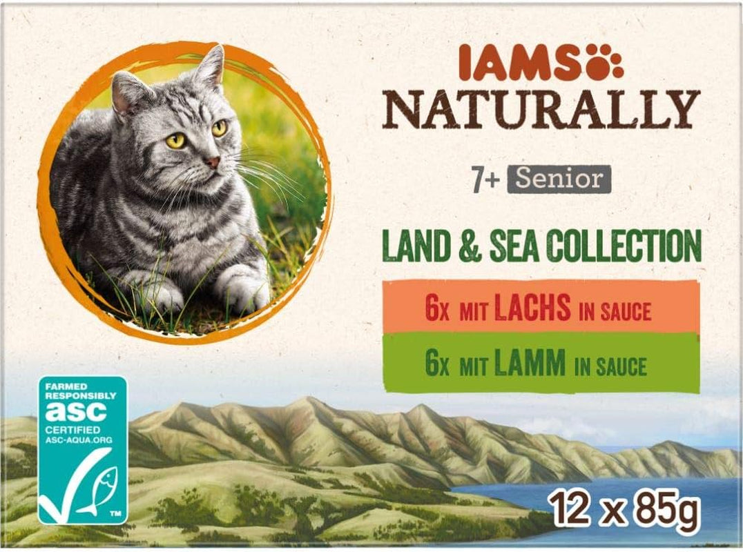 IAMS Naturally Senior Vådfoder i sauce - Højkvalitets kød- og fiskevådfoder til ældre katte, Land & Sea Collection, 12 x 85g