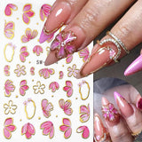 Guld Linie Schieber Rosa Nagelsticker Blumen 3D Flower Nail Sticker Sakura Blütenblätter Blumen Nagelaufkleber Frühling Sommer Floral Nagel Sticker Flowers Nagel Stickers Nageldesign Zubehör Nail Art