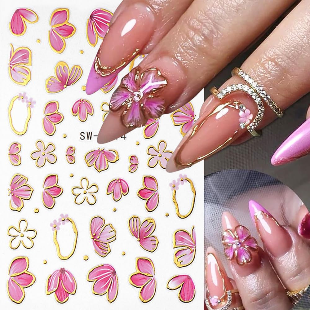 Guld Linie Schieber Rosa Nagelsticker Blumen 3D Flower Nail Sticker Sakura Blütenblätter Blumen Nagelaufkleber Frühling Sommer Floral Nagel Sticker Flowers Nagel Stickers Nageldesign Zubehör Nail Art