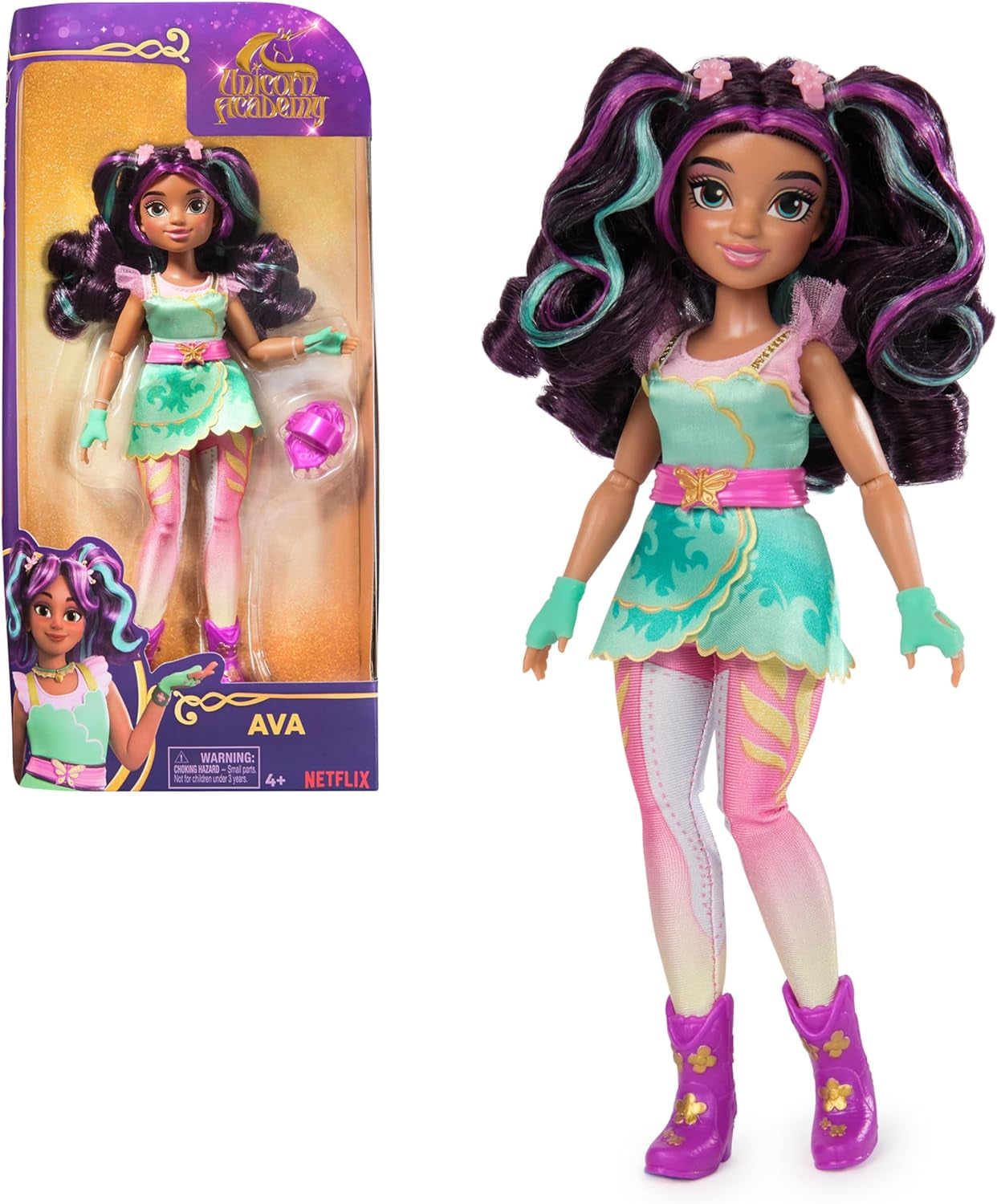 Unicorn Academy Ankleidepuppe Ava - die Originalpuppe zur beliebten Netflix-Serie, 24 cm stor og med 7 tilbehør til fantasifulde roller, for børn i 4 år