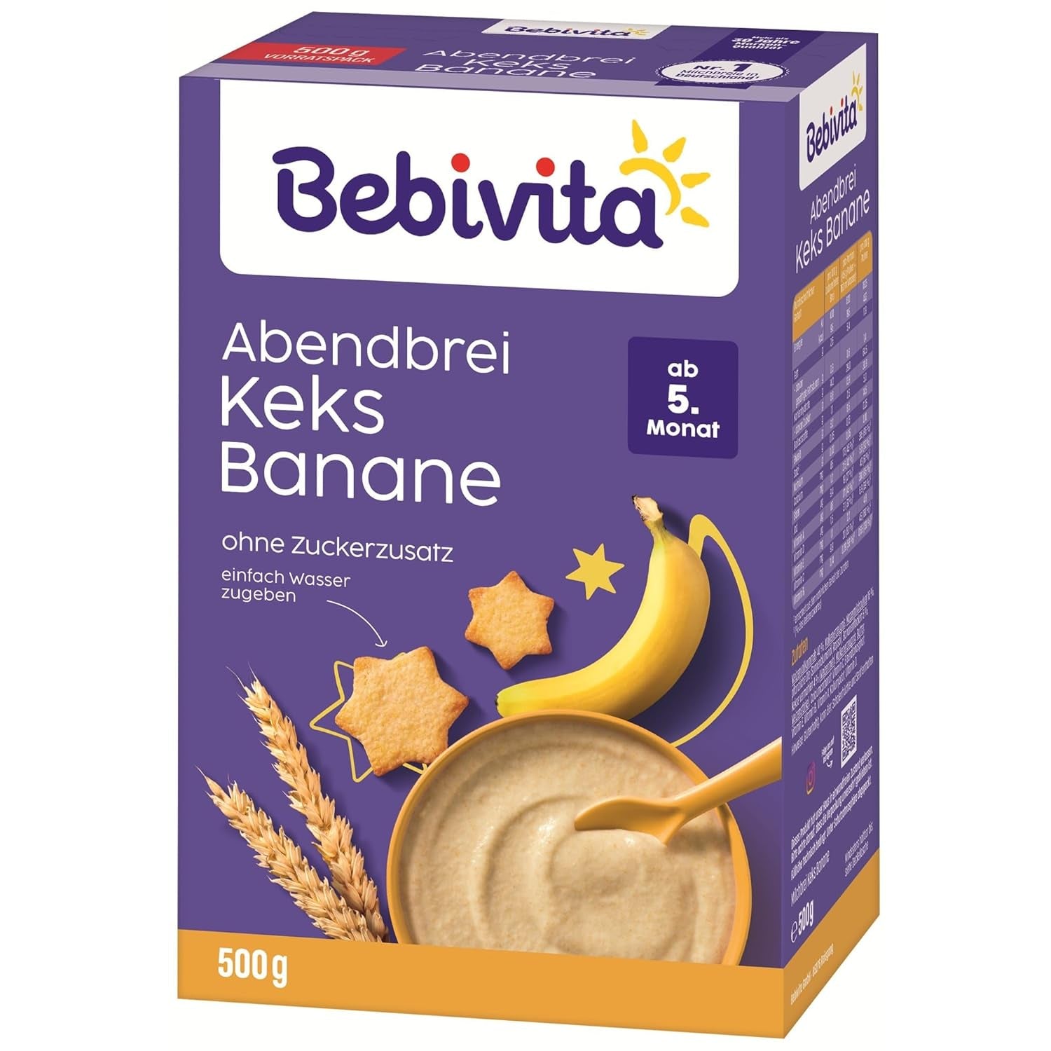 Aftengrød med kiks og bananer (4x500g), mælkegrød fra 5 måneder, uden tilsat sukker, med værdifulde mineraler og vitaminer, meget mættende