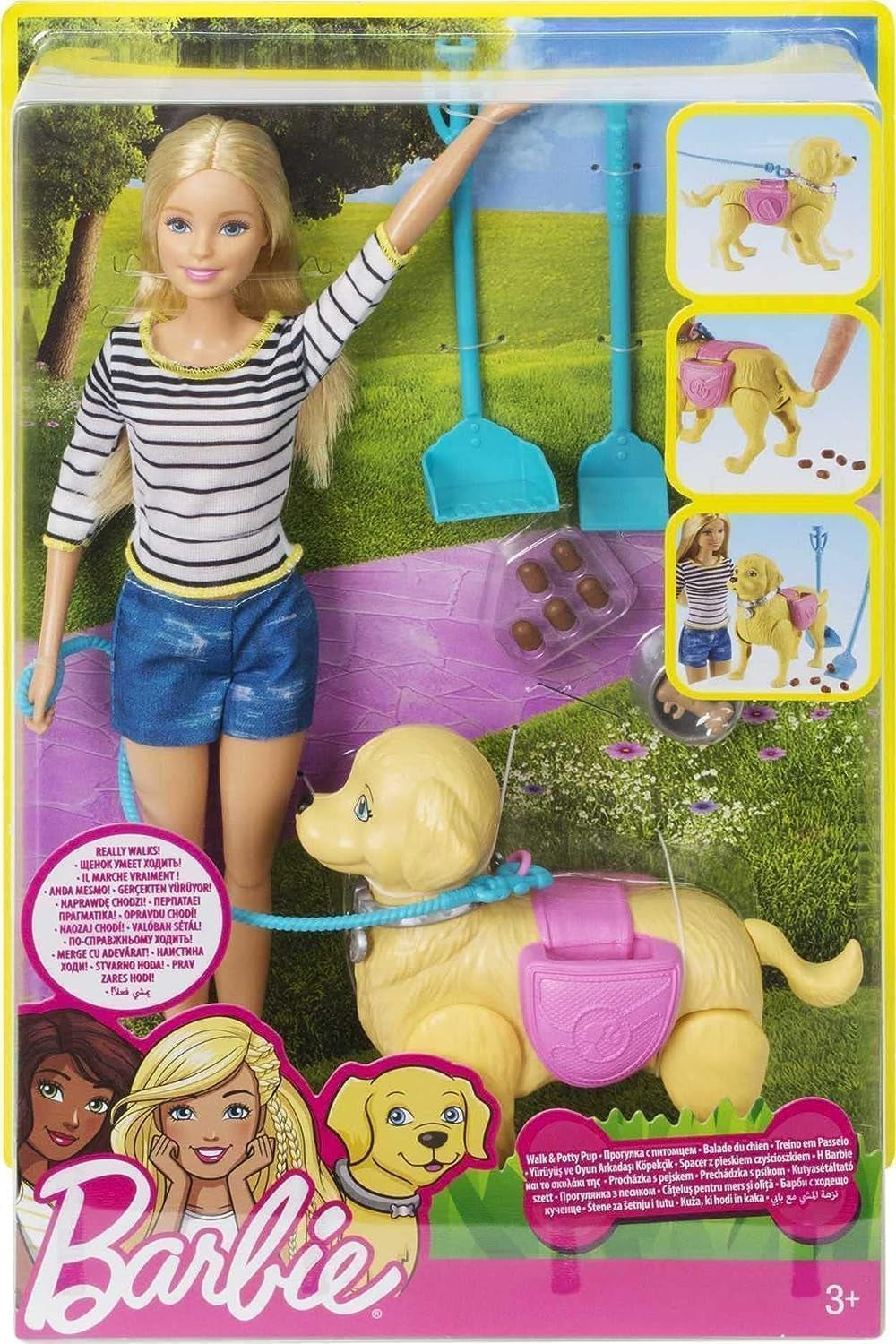 Barbie Walk and Potty Doll, blond dukke med gåhund, poop ske, tilbehør inklusive dukkehund, børnegave, legetøj fra 3 år og opefter, DWJ68