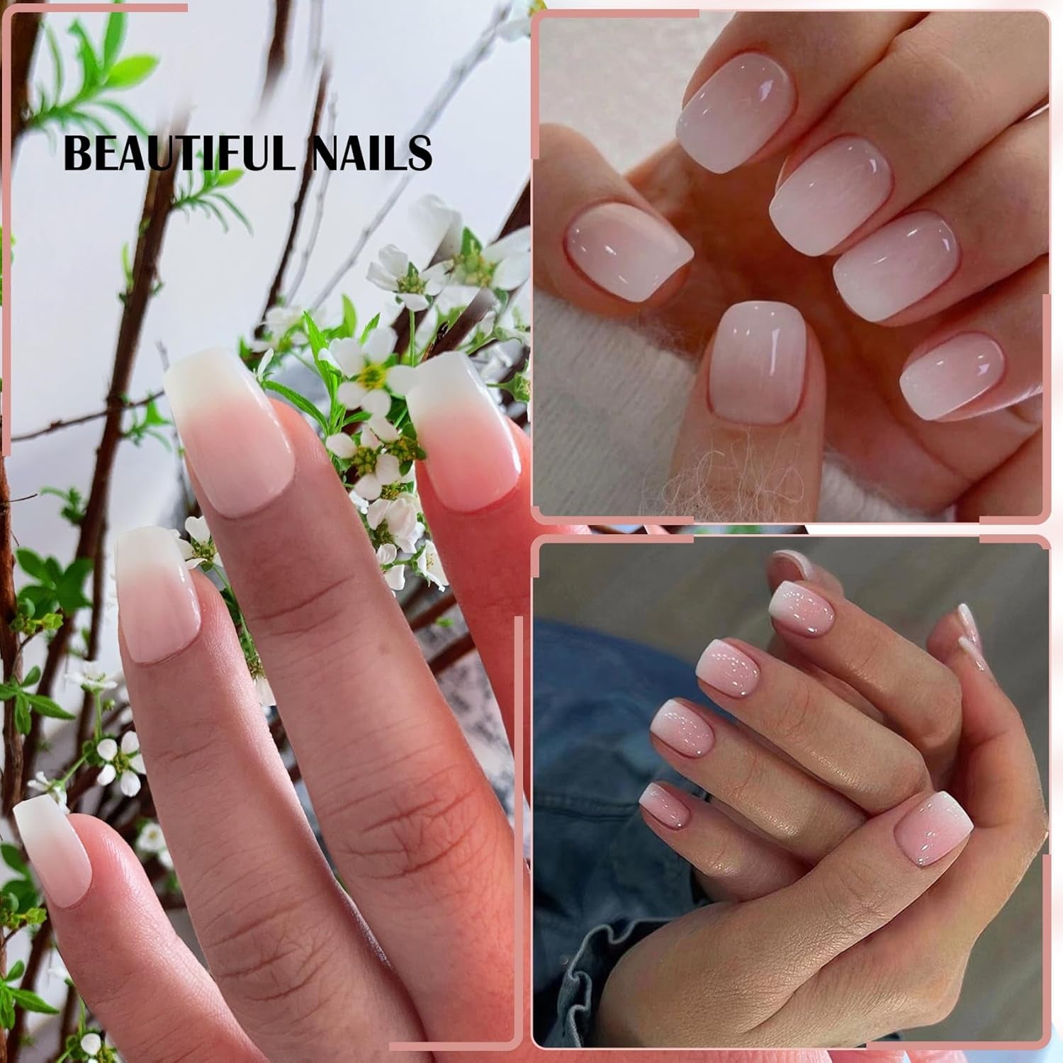Selvklæbende kunstige neglesæt - franske falske negle - 24 stykker Kort firkantet design Hvid Pink Gradient Kunstige Negle Ballerina Manicure (Kort Pink Gradient)