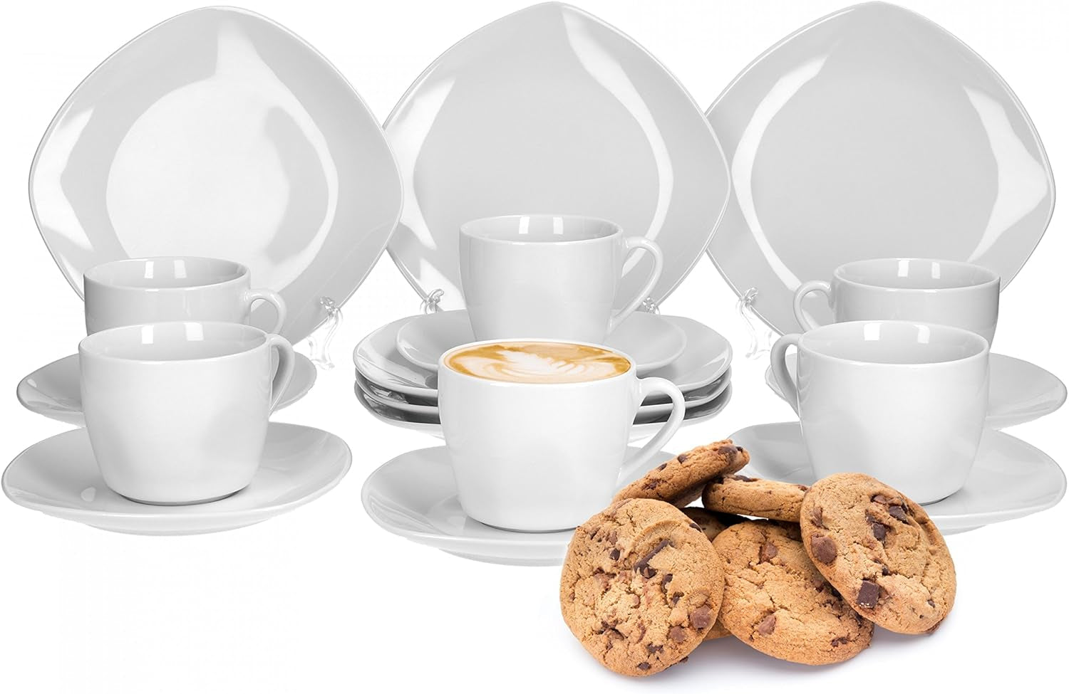 Van Well Lilli kaffeservice til 12, 36-dele kvadratisk hvidt porcelænsstel med buede kanter til et perfekt arrangeret sofabord - Tåler opvaskemaskine