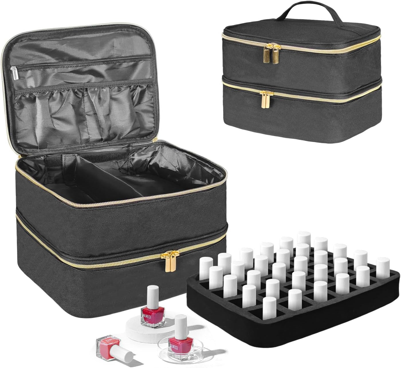 Nail Lacquer Organizer Tasche, Doppelschicht Nail Lacquer Opbevaringsboks, Organizer Koffer Für Nageldesign Kosmetiktasche Für 30 Flaschen Neonail Base(15Ml-0.5 Fl.Oz) & 1 Neglelampe(Schwarz)