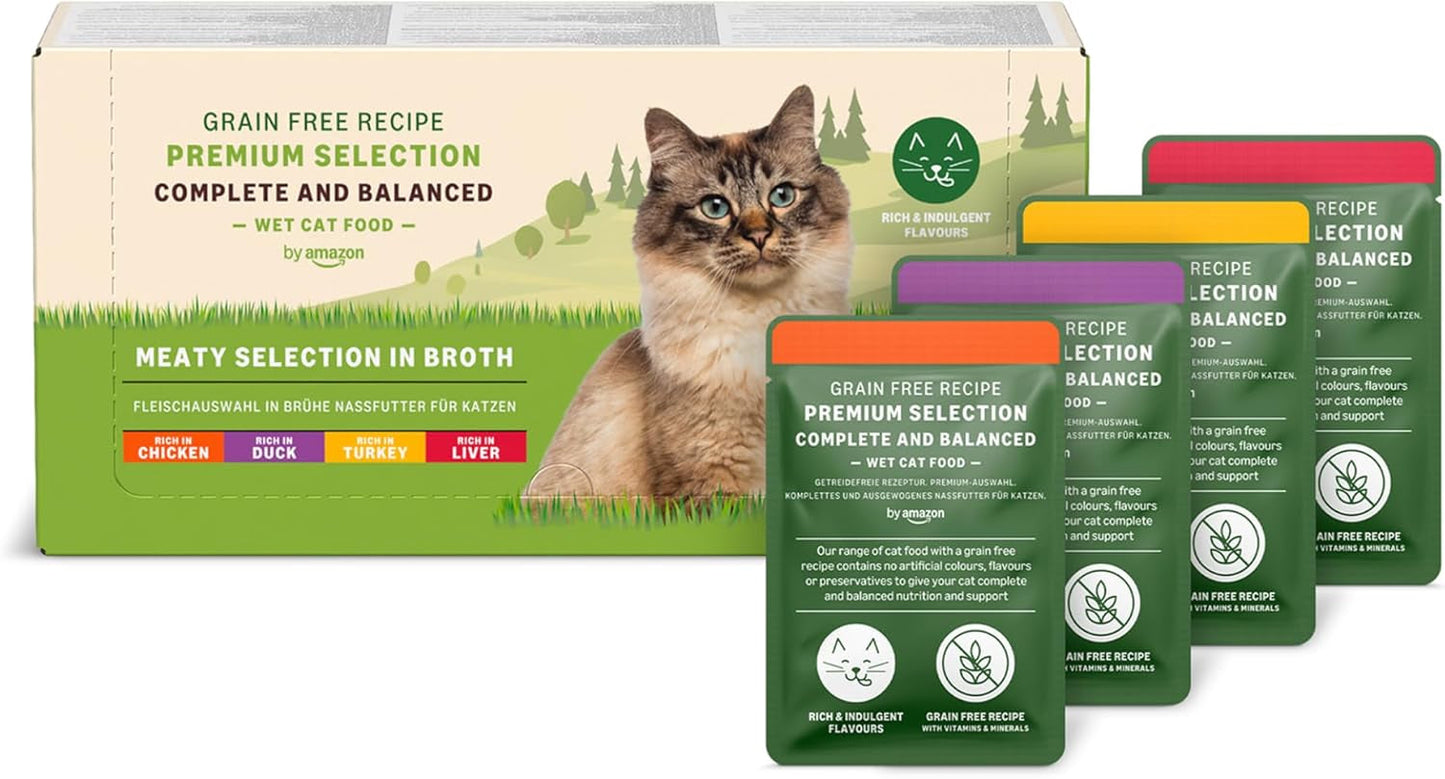 Amazon kornfri våd kattefoder til voksne katte Kødudvalg i bouillon 4,76 kg 56 pakker á 85 g (tidligere livslang)