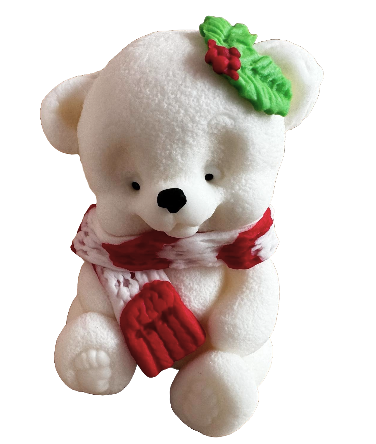 Spiselig dekoration fra sukkerpasta, bamse med rød-hvidt tørklæde og blade Dekorationer fra Sugar Paste Naty Shop