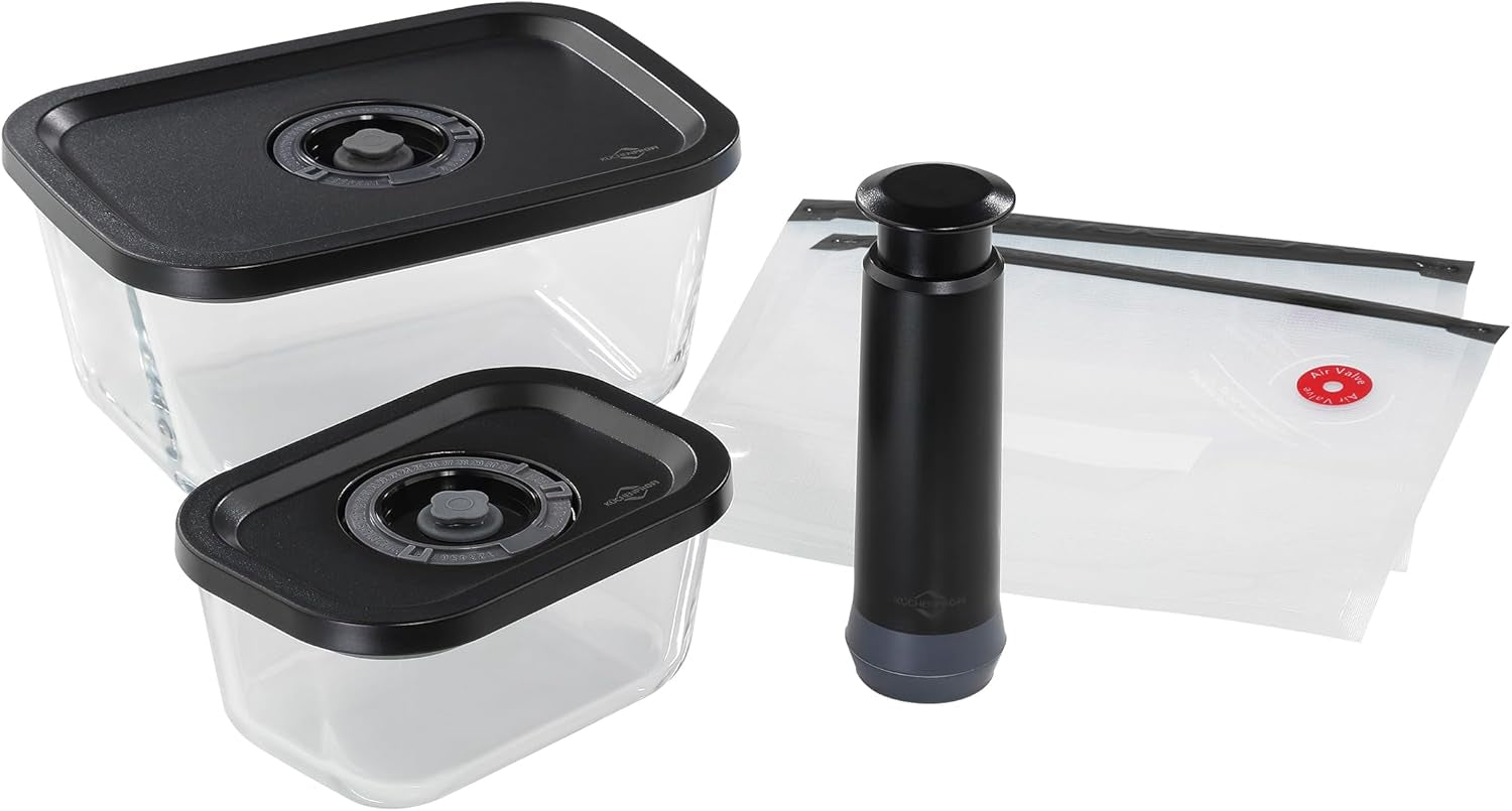Vakuumsæt Küchenprofi EASYFRESH | Sæt med 7 dele | 1x elektrisk vakuumpumpe, 1x vakuumbeholder S, M og L, 3x vakuumposer 22x21 cm | borosilikatglas, plast af høj kvalitet | tilberedning og opbevaring Madopbevaringsbokse Naty Shop Støvsugersæt 5 stk