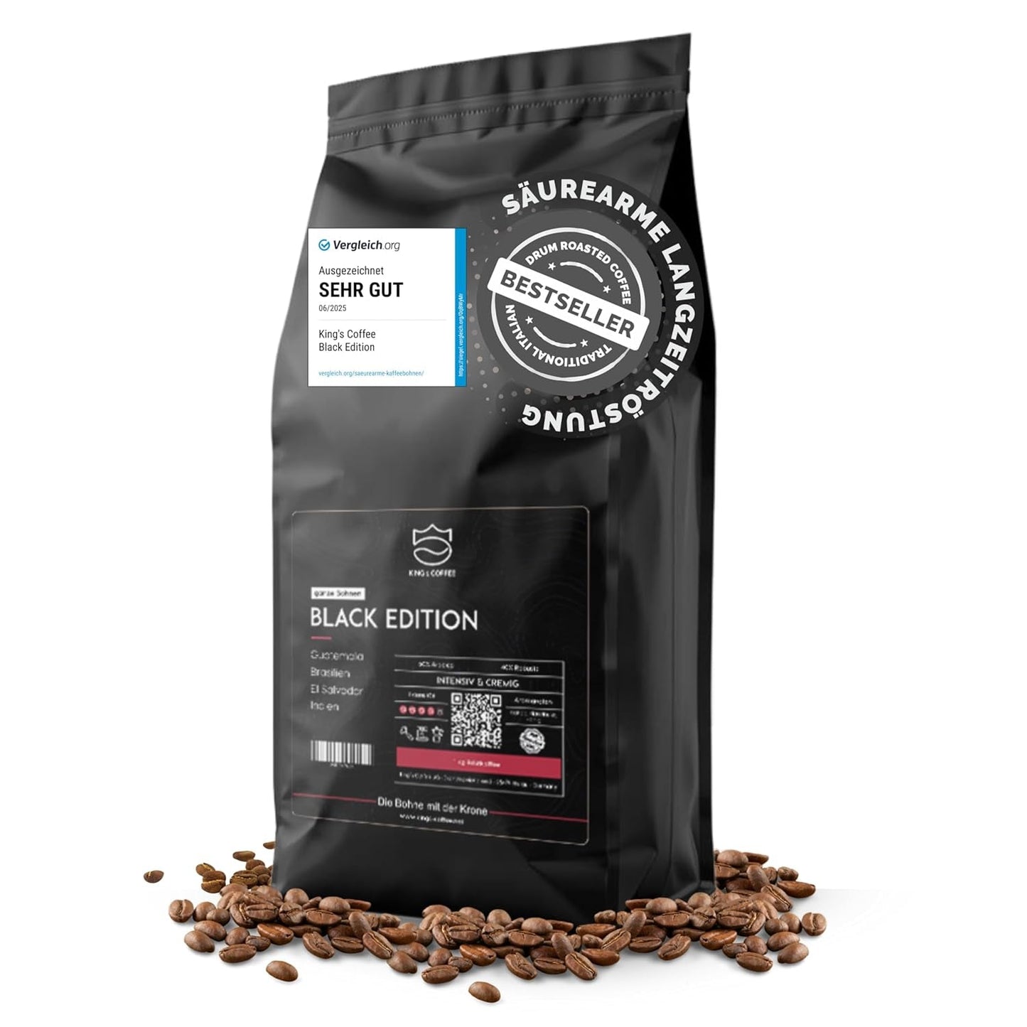 KING'S COFFEE - BLACK EDITION - 1 kg Intense Cream Kaffebønner - Kaffe med lav syreindhold - Small Batch Rist fra Italien - Stærke Arabica Espresso bønner (Blend) til fuldautomatiske og portafiltermaskiner