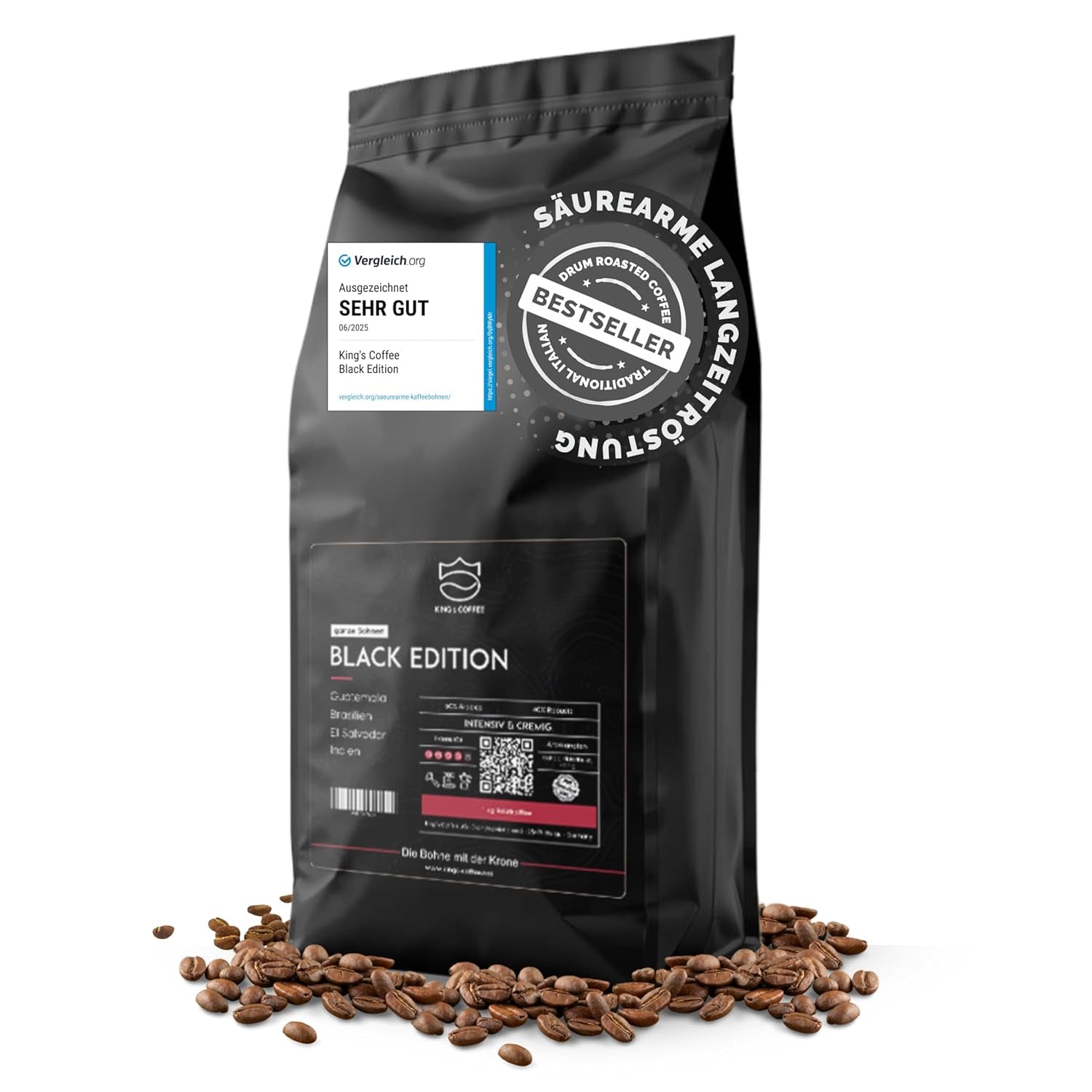 KING'S COFFEE - BLACK EDITION - 1 kg Intense Cream Kaffebønner - Kaffe med lav syreindhold - Small Batch Rist fra Italien - Stærke Arabica Espresso bønner (Blend) til fuldautomatiske og portafiltermaskiner