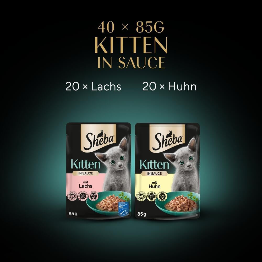Sheba vådfoder til killinger, i diverse poser, med laks (MSC) og kylling i sauce, multipak 40x85g