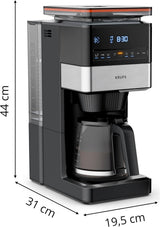 KRUPS Grind Aroma XL Espressomaskine, Aftagelig konisk kværn, Digital Kontrolpanel, XL Kapacitet (1,5 L), Hold varm funktion, Glaskaraffel, Sort/rustfrit stål, KM842810