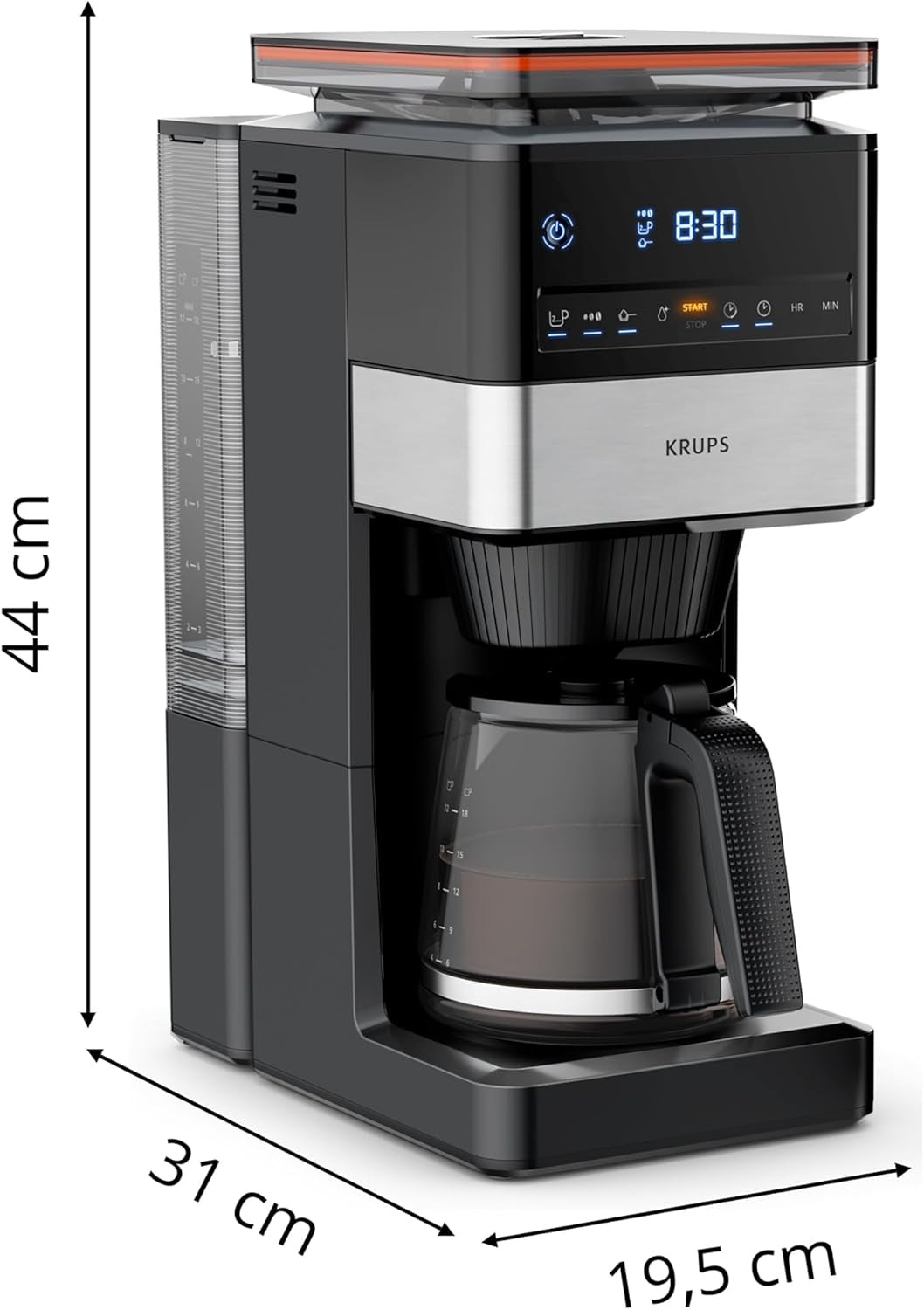 KRUPS Grind Aroma XL Espressomaskine, Aftagelig konisk kværn, Digital Kontrolpanel, XL Kapacitet (1,5 L), Hold varm funktion, Glaskaraffel, Sort/rustfrit stål, KM842810
