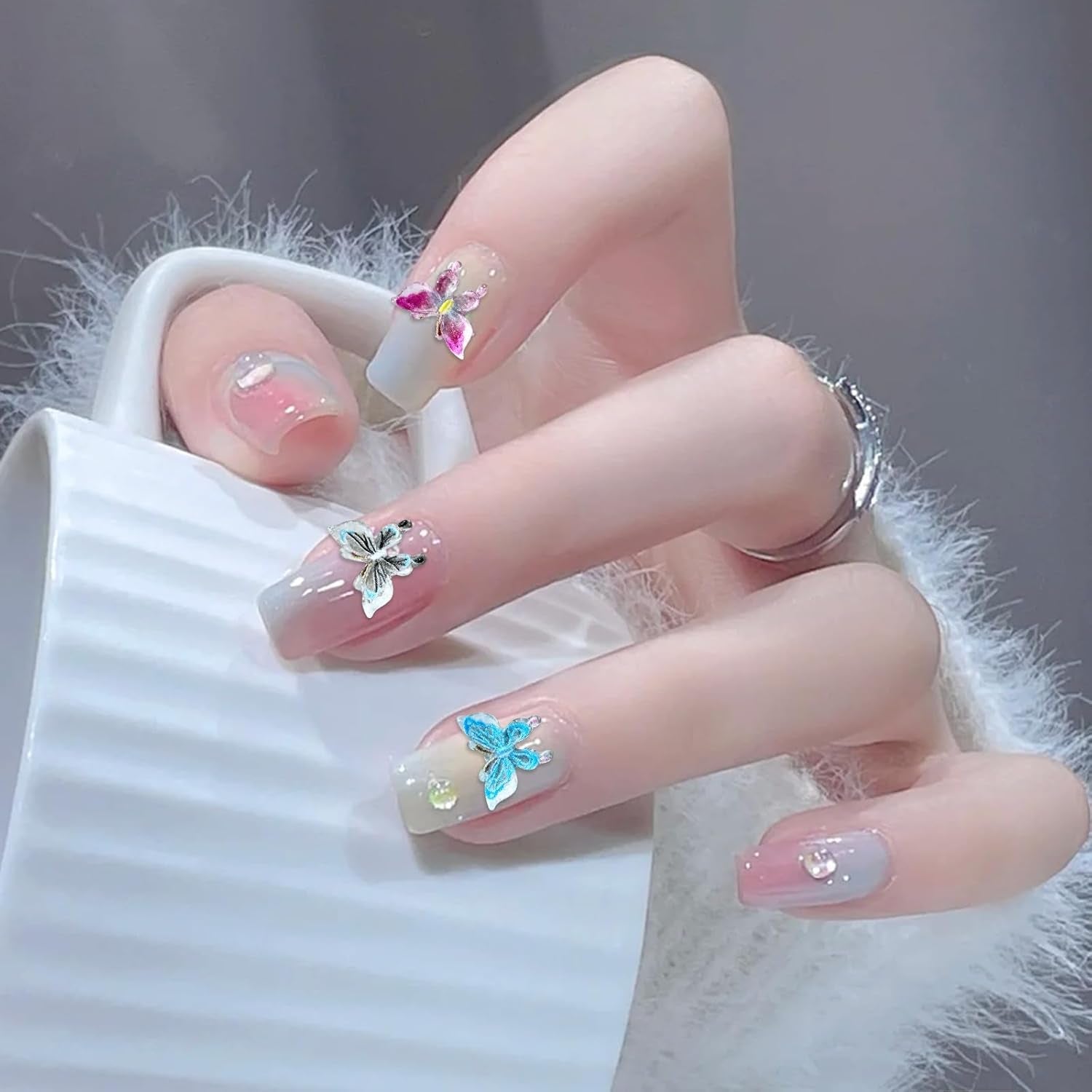 YICH Nail Charms Nägel Charms 50 Stk 3D Blomster + 50 Stk 3D Schmetterling, Sommer Nägel Deko Sæt Schmetterling/Flowers Nail Art Nailart