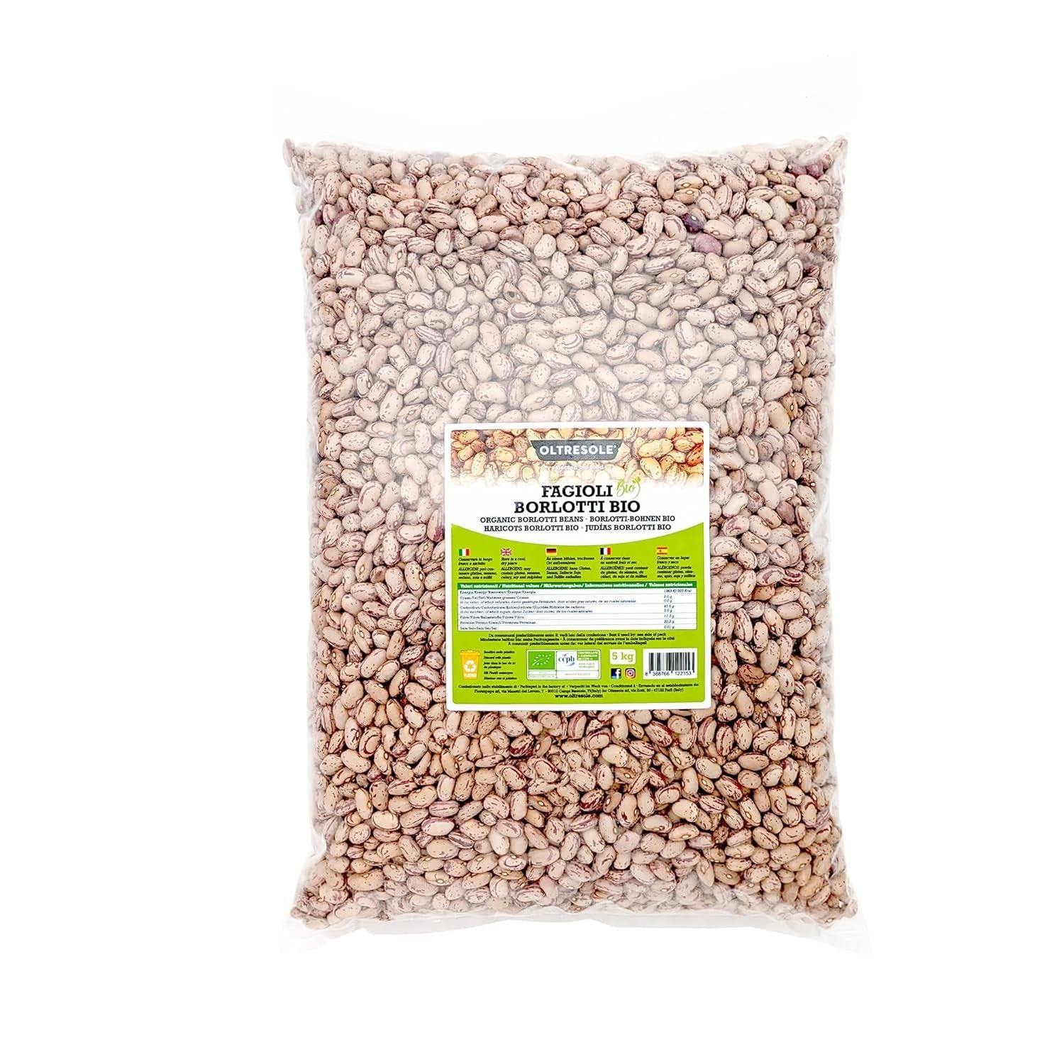 Økologiske Borlotti bønner 5 kg, Tørrede økologiske bælgfrugter fra kontrollerede afgrøder, Ideel til salater, supper og tilbehør, Praktisk format