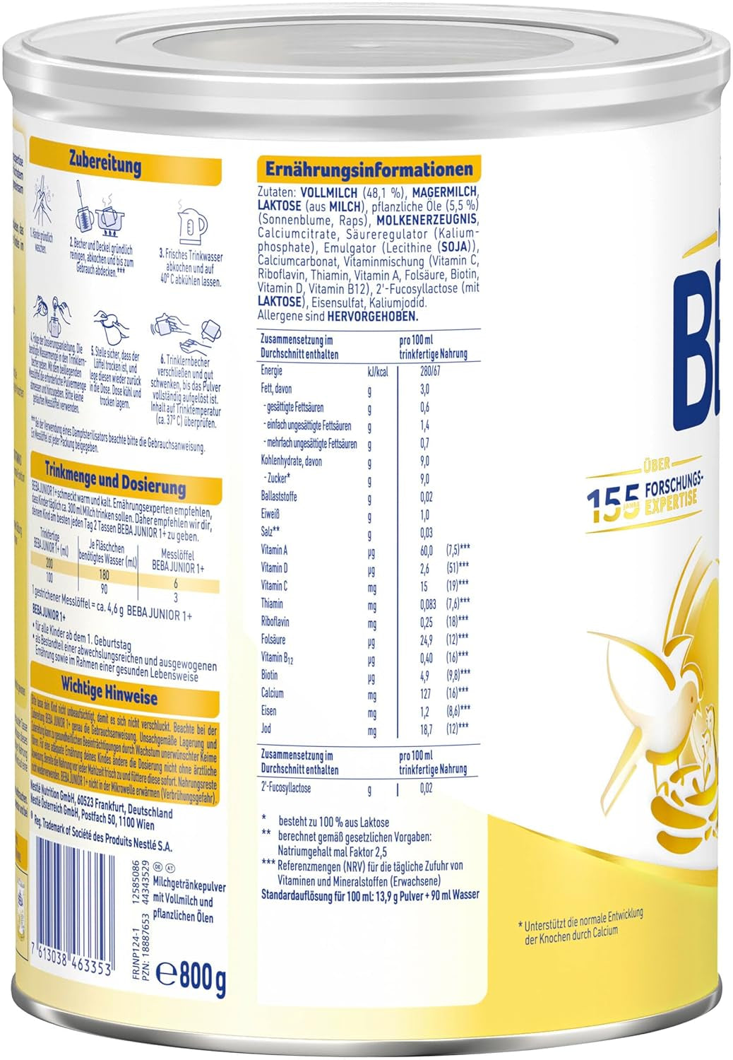 BEBA Junior 1+ mælkedrik fra 1 år, Med HMO, Alderssvarende proteinindhold, Kun laktose, Ingen palmeolie, Ingen fiskeolie, Småbørnsmad, Babymælkpulver, Pakke med 3 (3 x 800g)