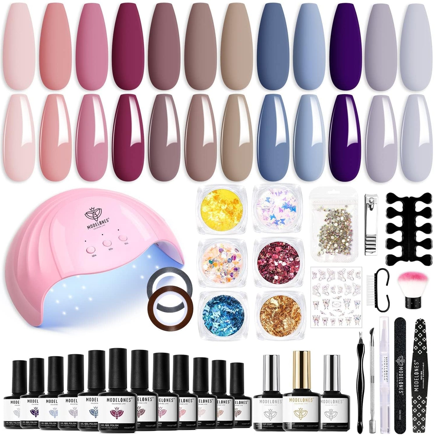 Modelones 35 stk Gel neglelak sæt, UV neglelak sæt med 48W lampe, nøgen brun hvid pink gel neglelak sæt, UV gel negle lak sæt med top coat base negle studio sæt