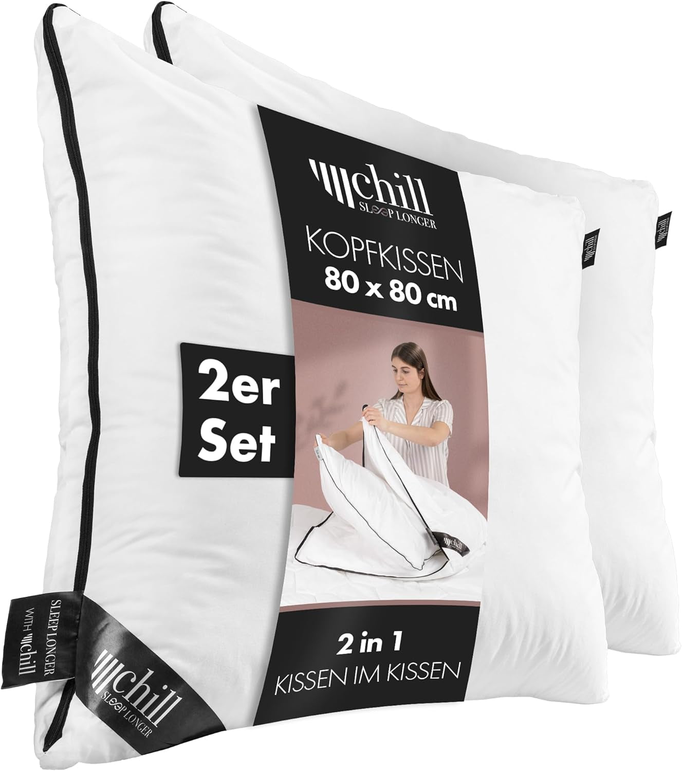 Pude 80X80 Cm - 2 i 1 design - pude i pude - åndbar og vaskbar stor sovepude og 100% vegansk - 2 puder 3 muligheder - pude med 600G & 1200G fyld Naty Shop standard puder Premium pude Sæt med 2 - 80 X 80 Cm