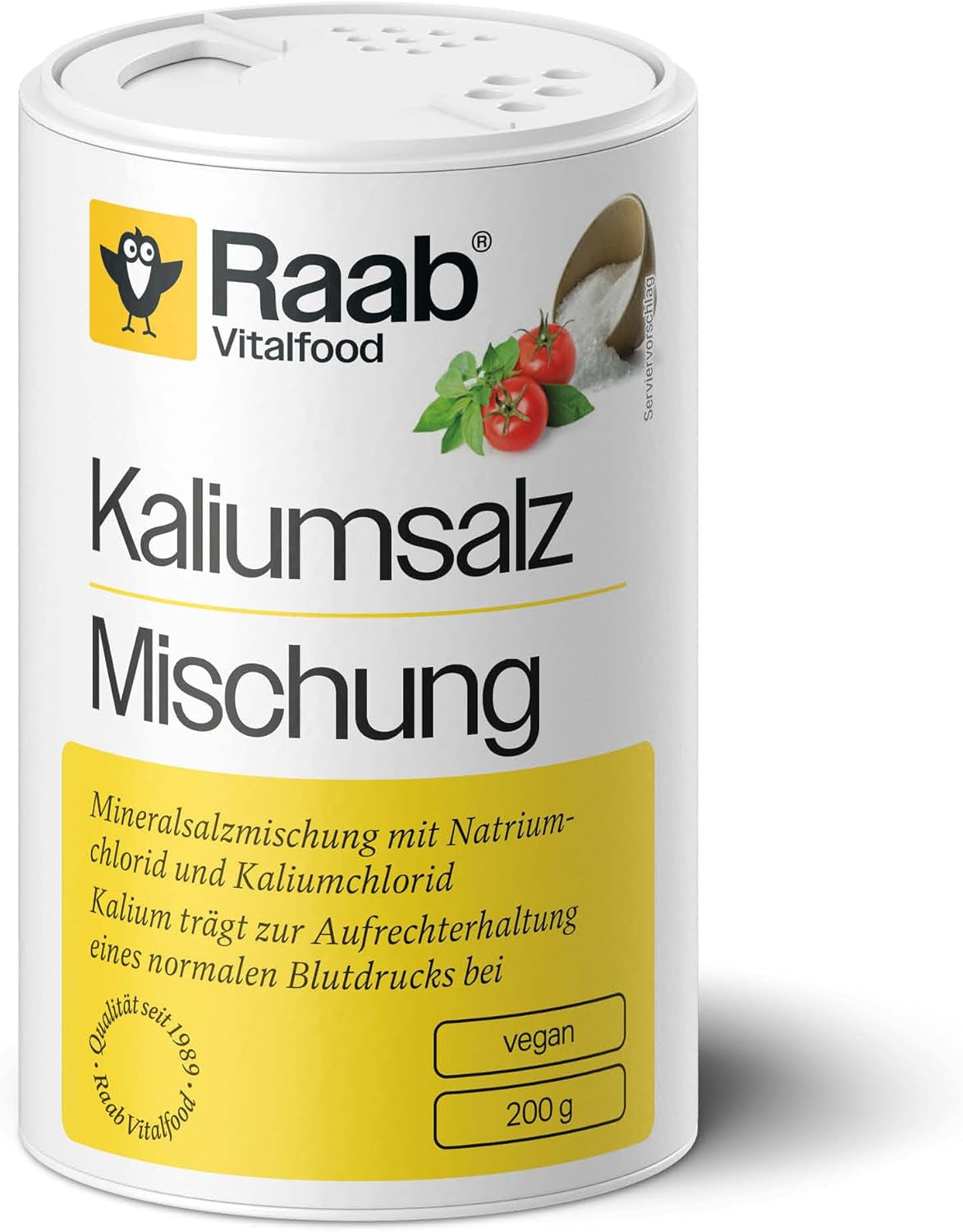 Raab Vitalfood Kalium salt-Mischung, Mineralsalzmischung med 66,7% Natriumchlorid (Kochsalz) og 33% Kaliumchlorid, Kalium trægt zur Aufrechterhaltung eines normalen Blutdruck bei (1 x 200 g dosis)