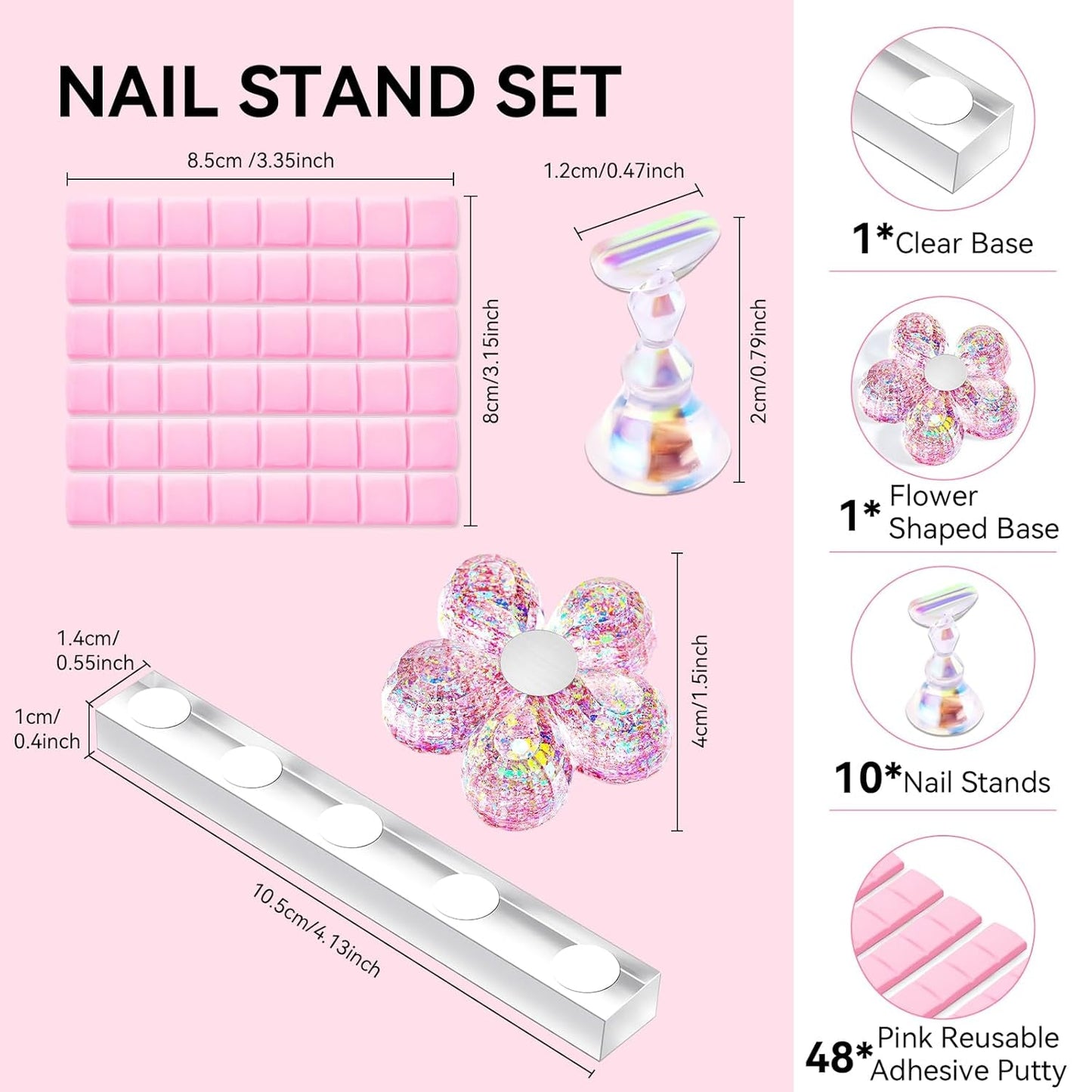 Makartt Akryl negleholder, magnetisk negleholder, negleholder, transparent pink negleholder med 48 klæbende kit