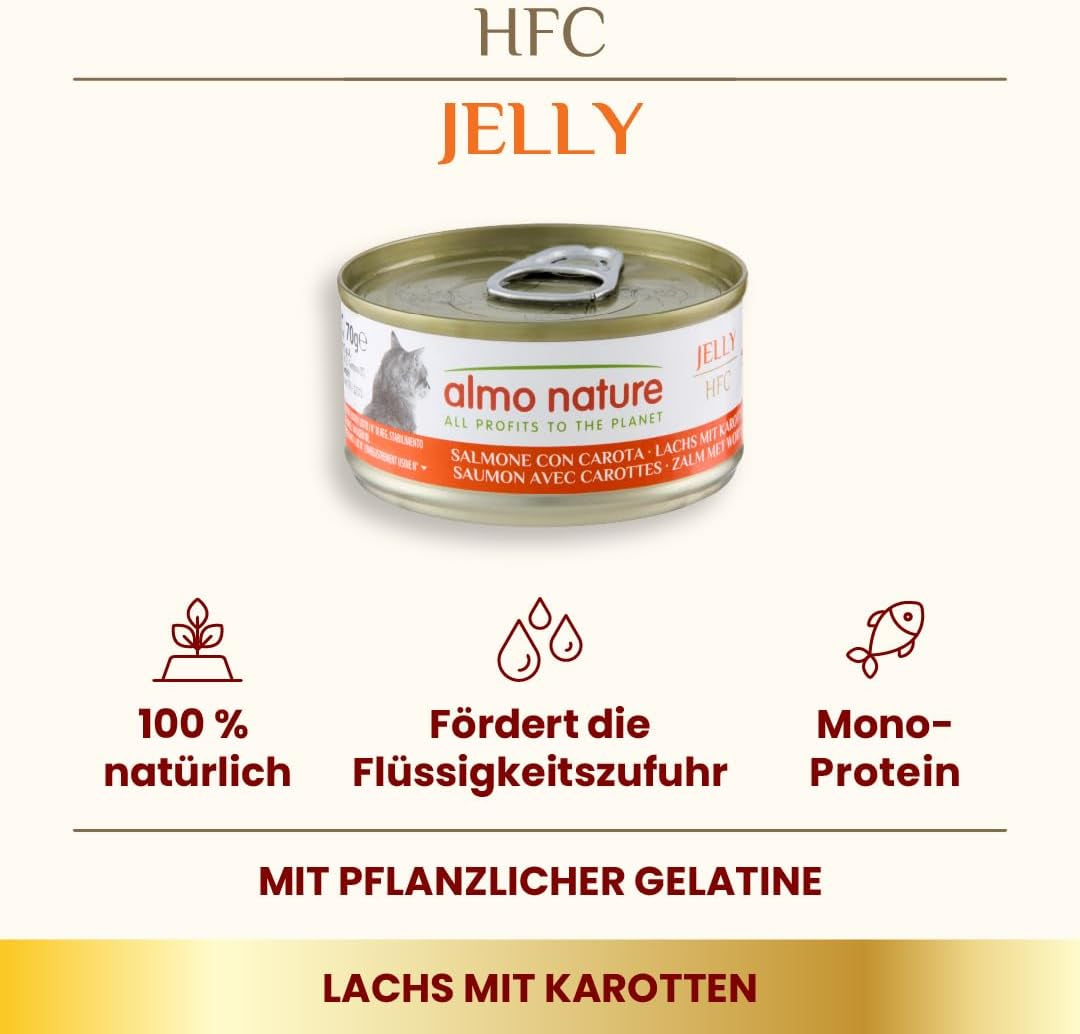 Almo Nature HFC Jelly - Vådfoder til voksne katte - Laks og gulerødder - Menneskelig kvalitet, glutenfri - 6 x 70g