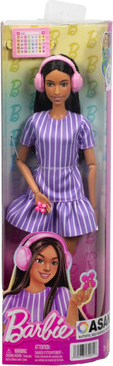 Barbie Fashionista dukke nr. 245, autistisk dukke med lilla stribet kjole og tilbehør som fidget spinner, tablet og hovedtelefoner, JJN58