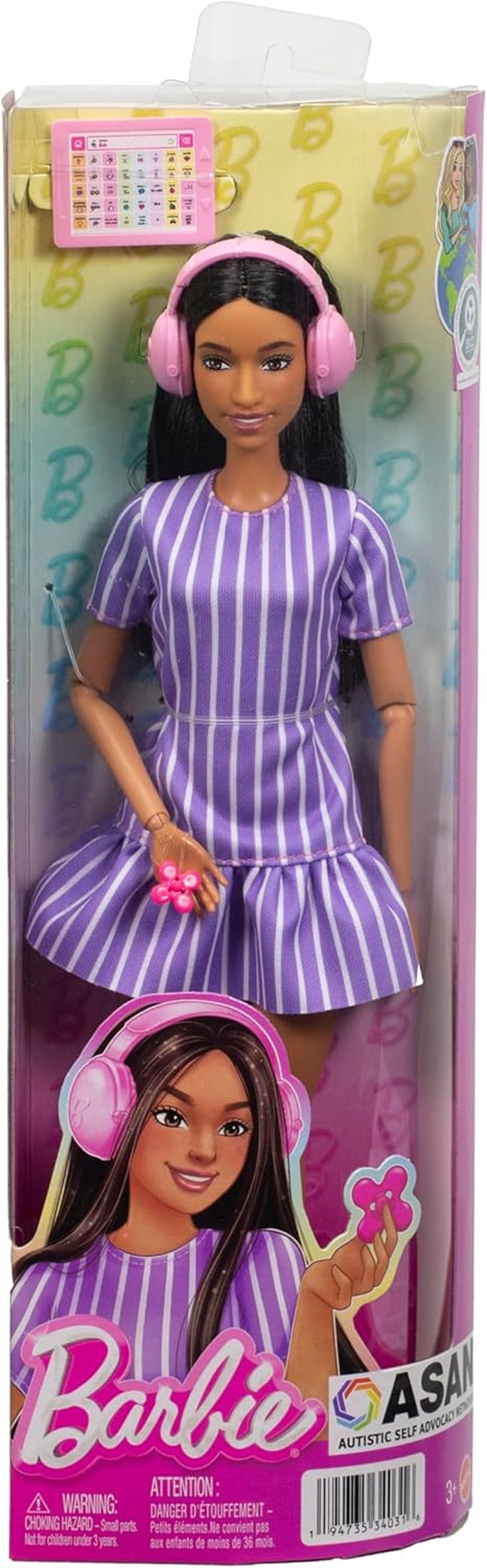Barbie Fashionista dukke nr. 245, autistisk dukke med lilla stribet kjole og tilbehør som fidget spinner, tablet og hovedtelefoner, JJN58