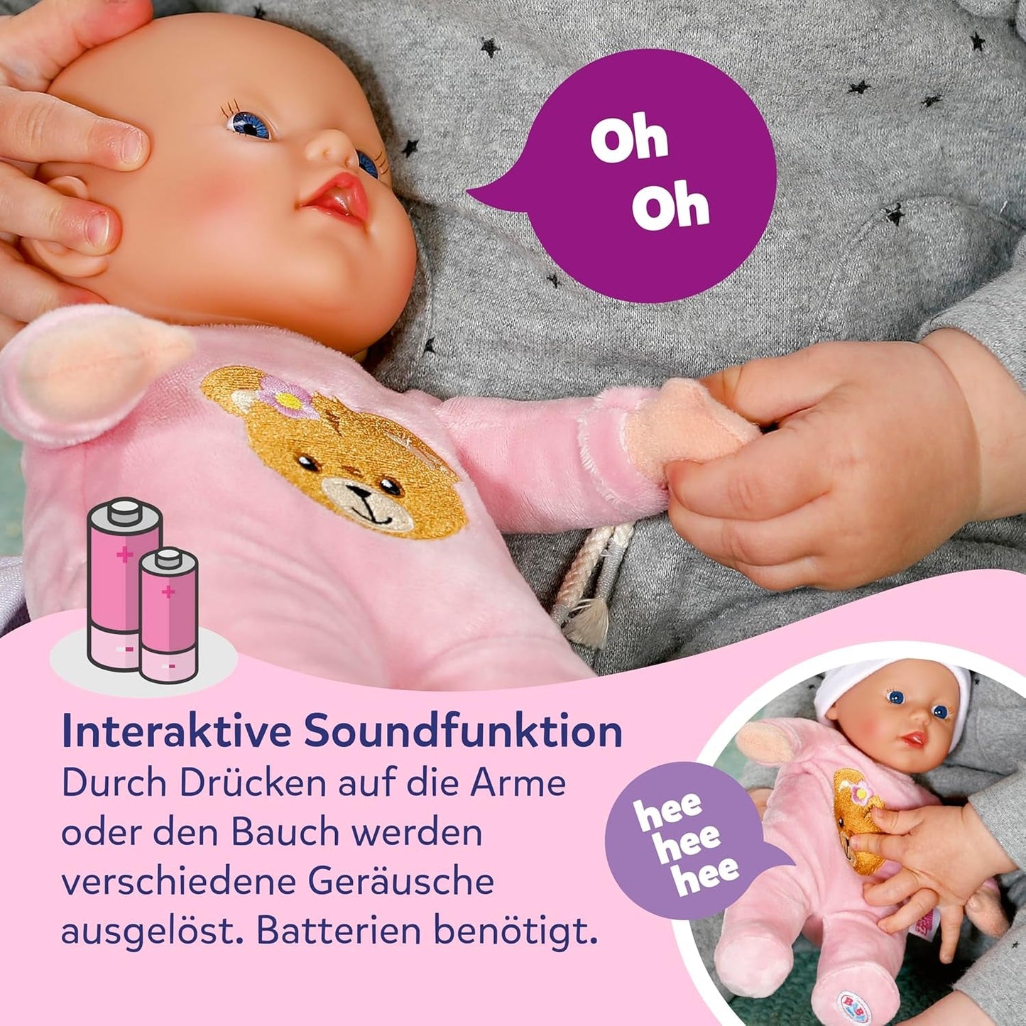Baby Born Rosie blød dukke 30 cm med 6 lyde og flaske, pink