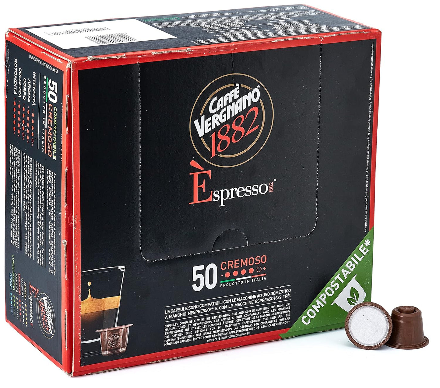 Caffè Vergnano 1882 - Èspresso Kompostierbare Kaffeekapseln, kompatibel med Nespresso, Cremoso (cremet) - Packung Enthälts 50 Kapseln