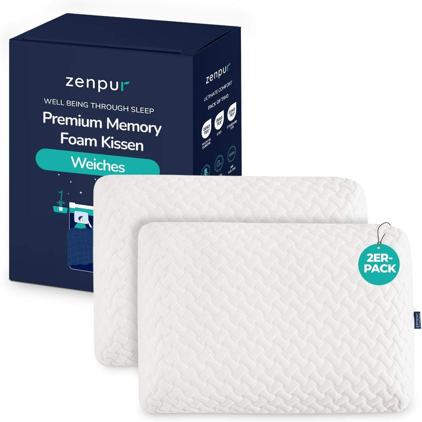 Sæt med 2 puder til nakkestøtte 40X60-13Cm - Ergonomisk sovepude til nakke og skuldre, Øko-Tex certificerede Cervikale ortopædiske puder Naty Shop Soft 2-pak 40 X 60 X 13 Cm