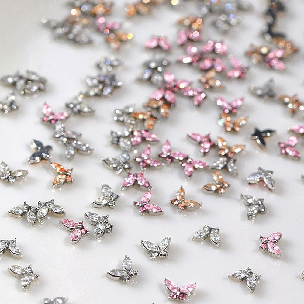 Mini Butterfly Zircon Nail Nøgleringe Y2K Hvid Champagne Pink Rhinestone Krystal Sommerfugl Nøgleringe Negle 3D Butterfly Nail Design Nøgleringe Butterfly Negle Dekoration Nail Art Nøgleringe Negle Accessories