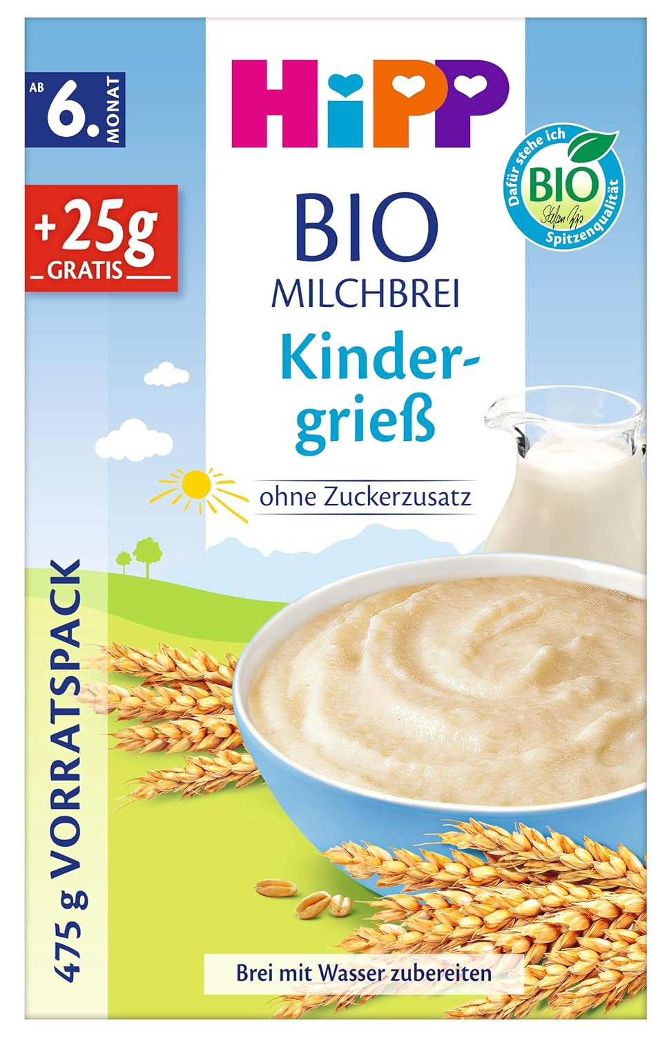 HiPP Økologisk mælkegrød til babyer (4 x 475 g), fra 6 måneder, uden tilsat sukker, skånsom mod babys mave, bedste økologiske kvalitet