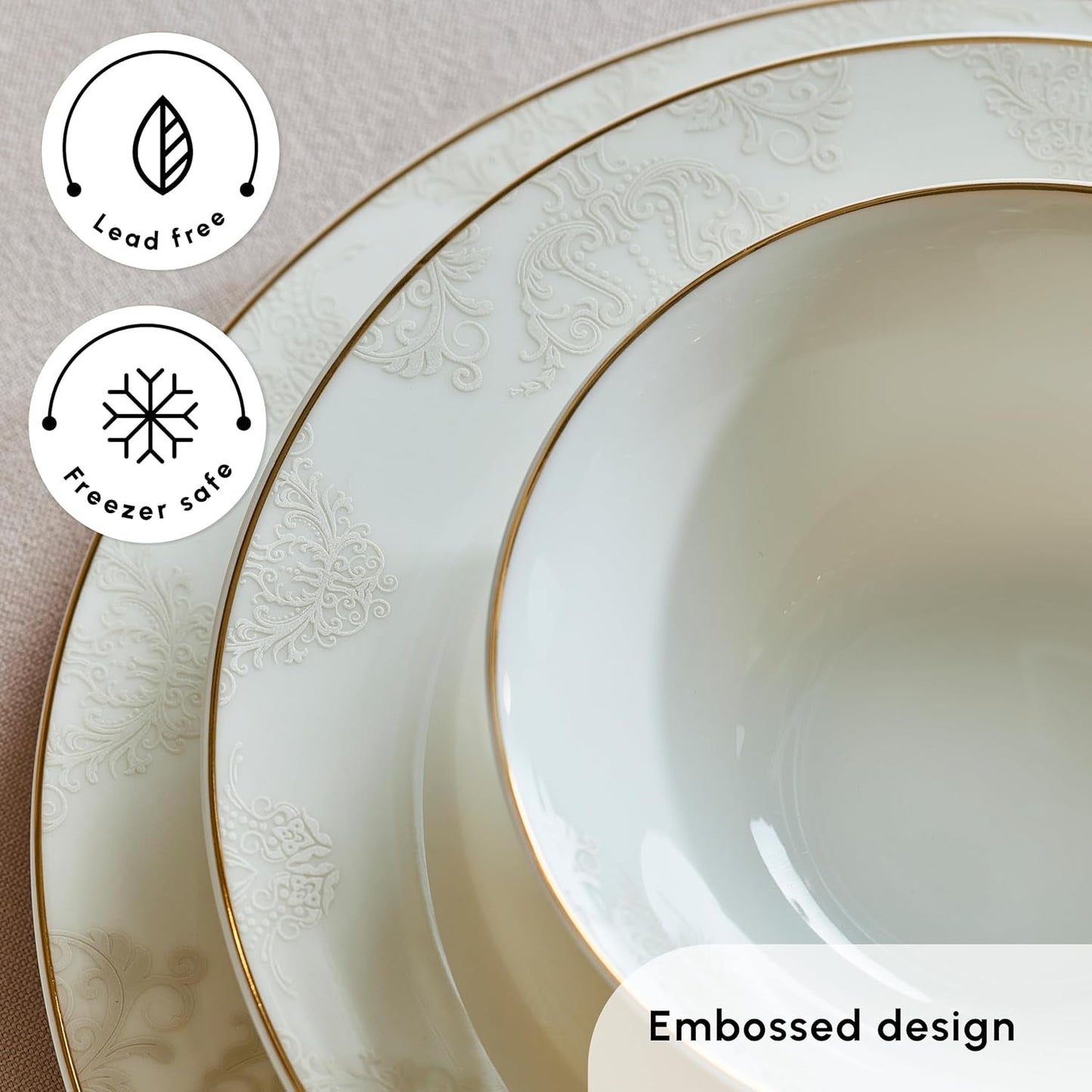 Karaca Elegance Bone Siena Spisesæt til 12, Moderne Porcelænsstel, Spisesæt med Suppeskåle, Serveringsfad, Dybe tallerkener, Desserttallerkener - hvid og guld