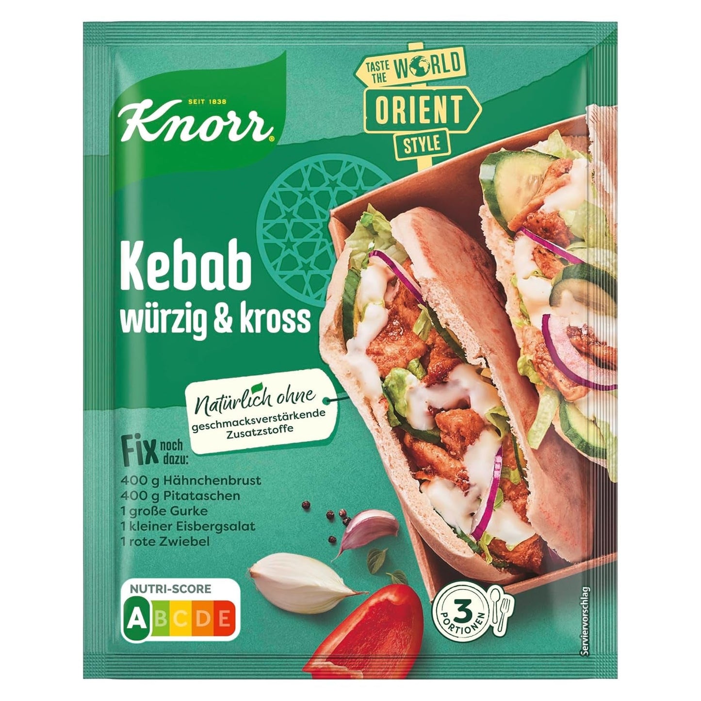 Knorr Fix Kebab für en würzig und krosses Hähnchen Gericht ohne geschmacksverstärkende Zusatzstoffe 3 Portionen