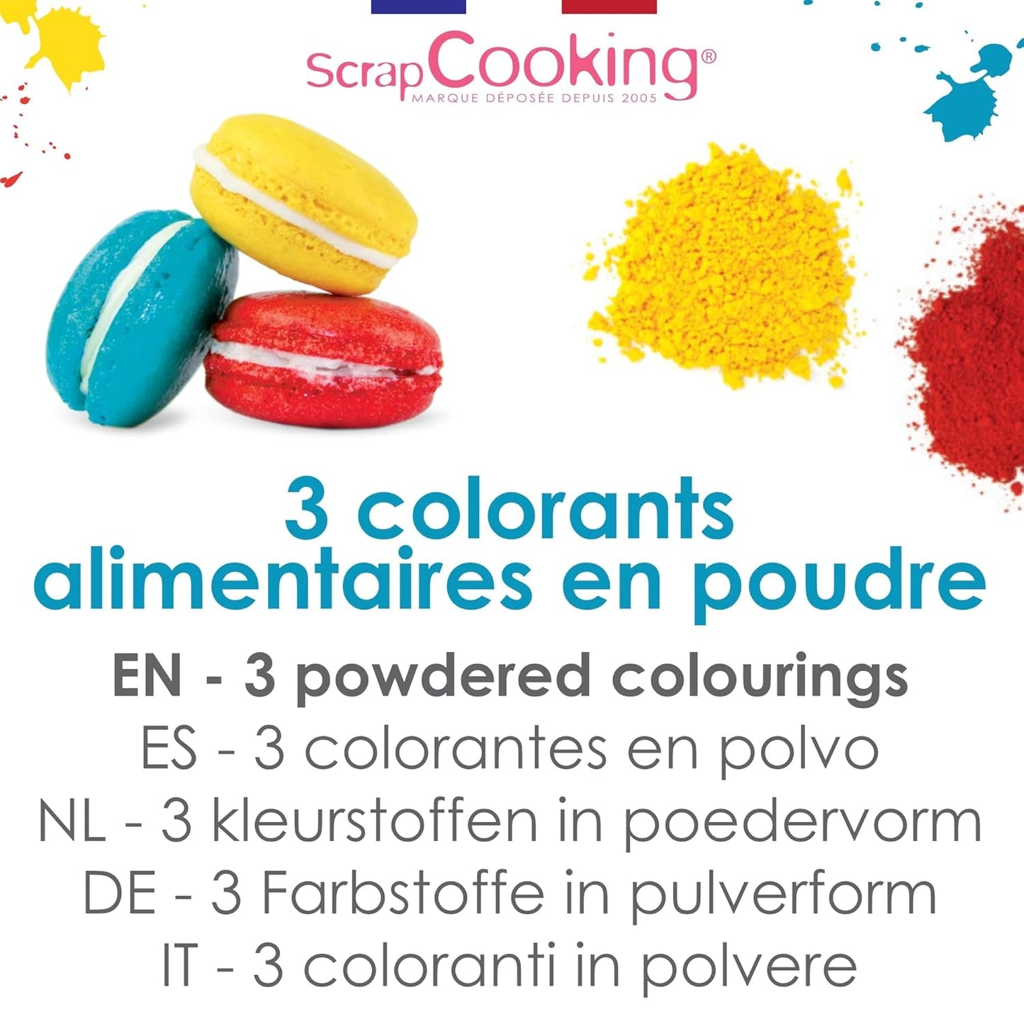 Scrapcooking - Sæt med 3 pulvermadfarve - Rød Gul Blå - Madfarve til bagning, kager, småkager, småkager, dej, fondant, regnbuekage - 4011