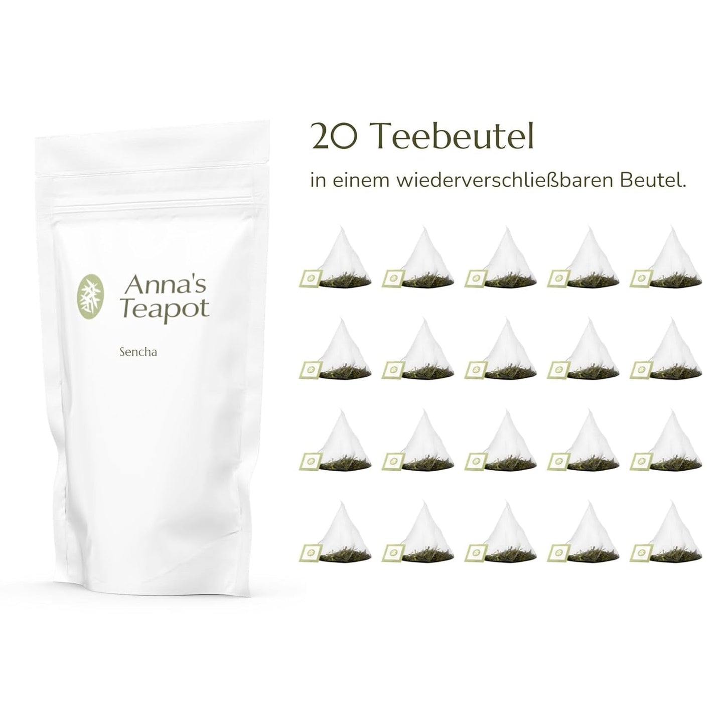 Anna'S tekande Sencha Økologisk grøn teposer - Økologisk japansk grøn te 20 pyramideposer i en genlukkelig pose