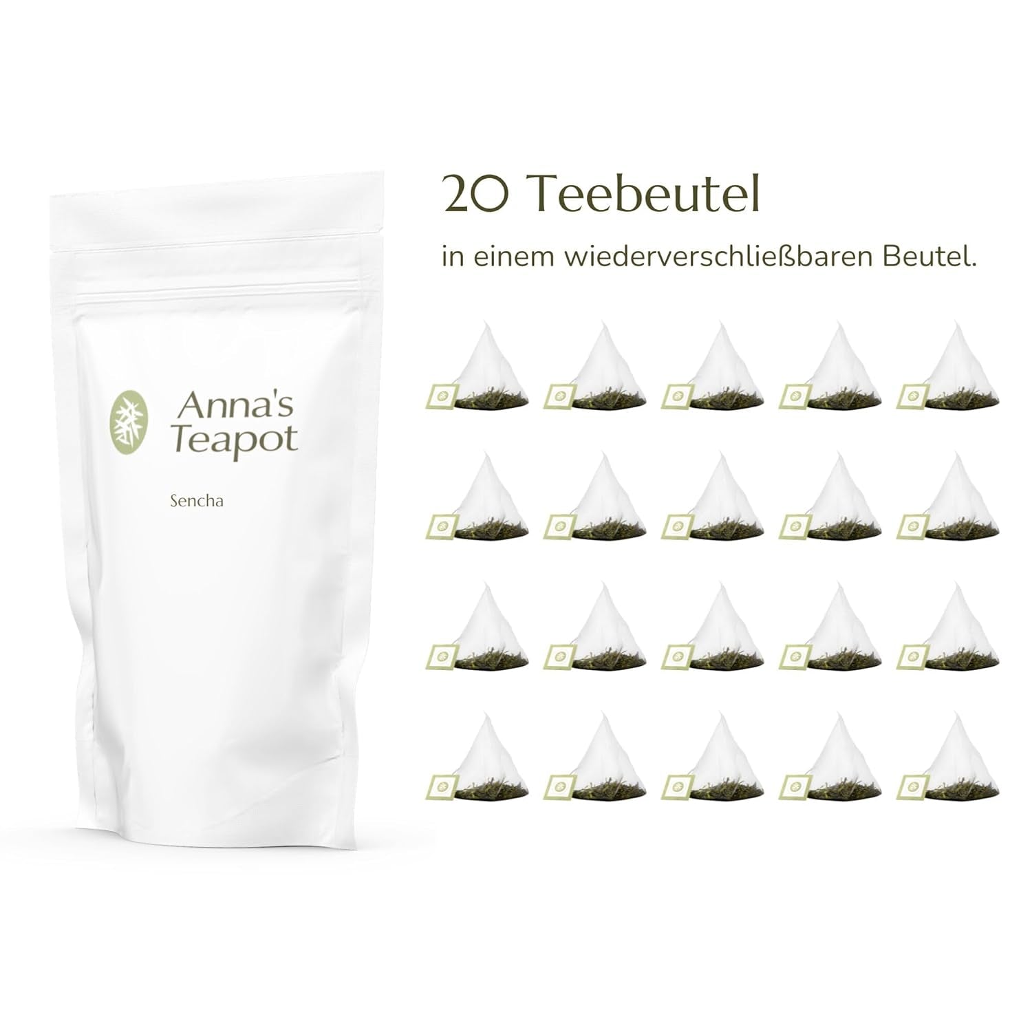 Anna'S tekande Sencha Økologisk grøn teposer - Økologisk japansk grøn te 20 pyramideposer i en genlukkelig pose