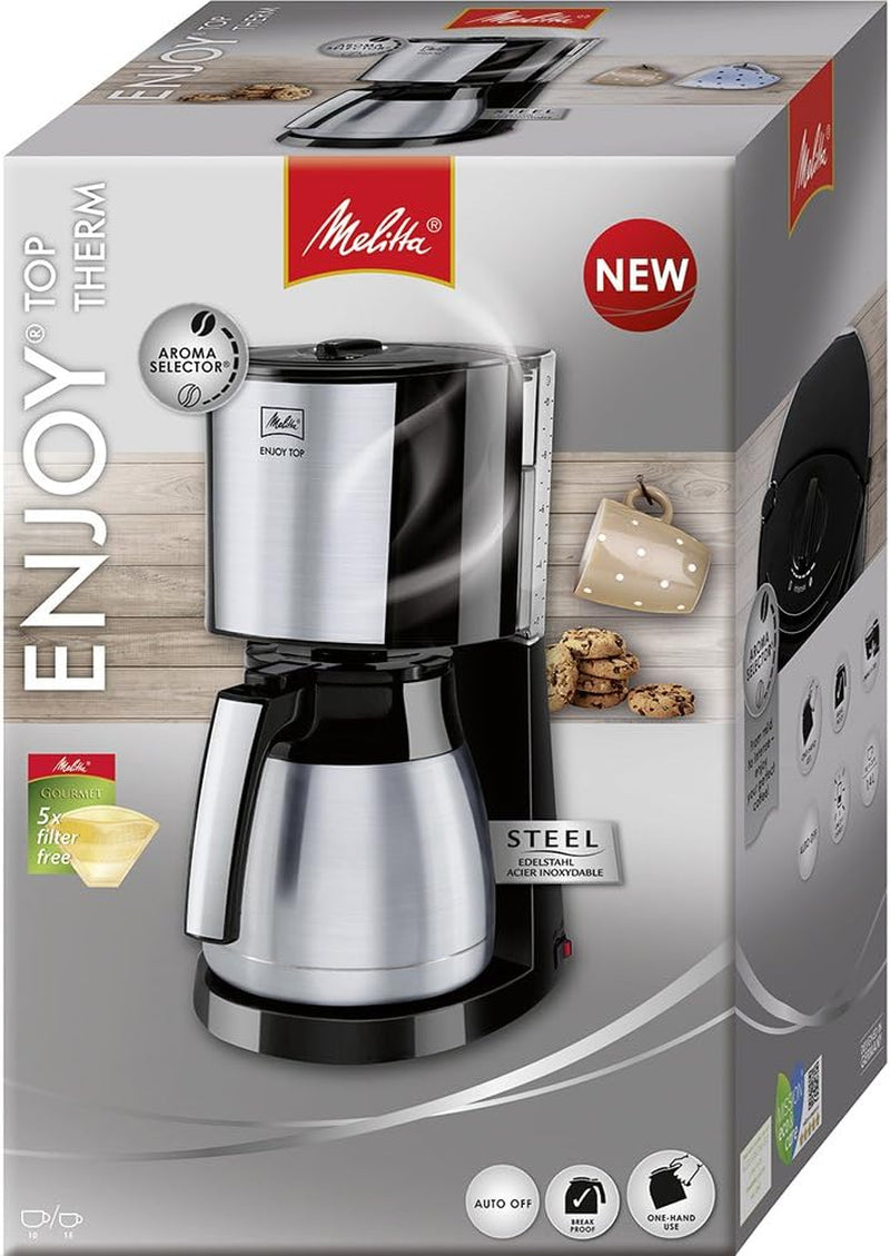 Melitta Enjoy Top Therm - Espressomaskine med filter og termokande i rustfrit stål, til op til 10 kopper kaffe, sort/rustfrit stål
