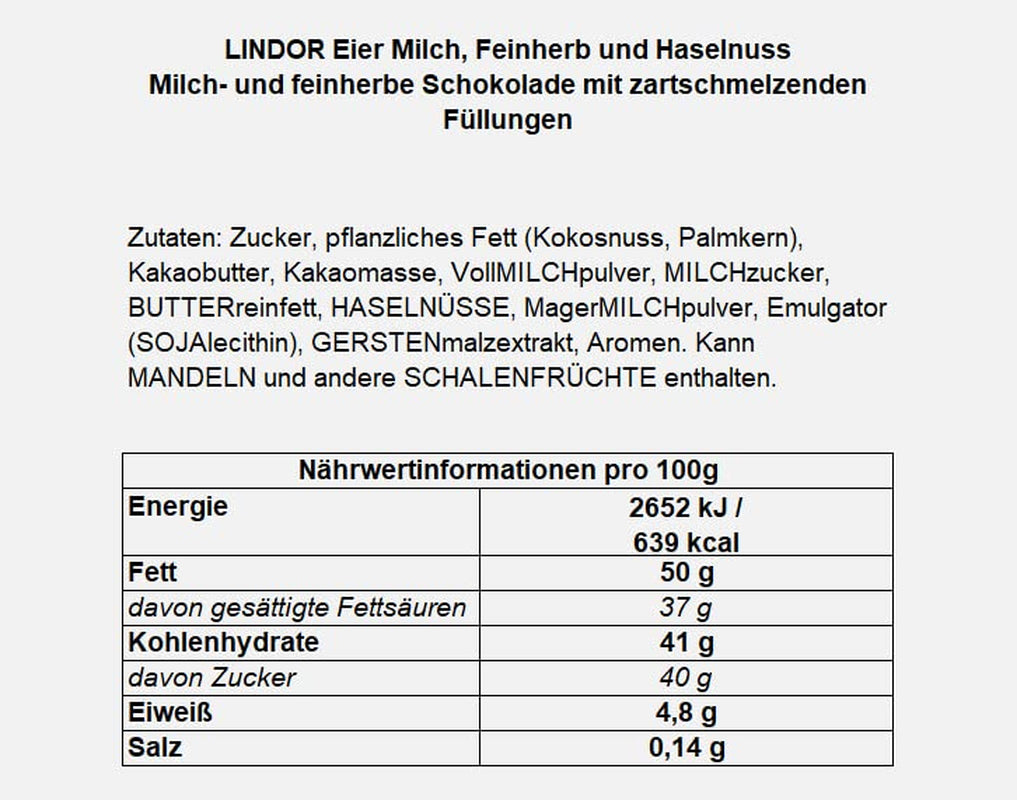 LINDOR æg med Lindt chokolade | 4 æsker á 450 g hver | LINDOR-æg med mælkechokolade, hvid, mørk og hasselnød, smeltet i munden | Påskechokolade | Gave af chokolade | påskeæg | Chokoladeæg