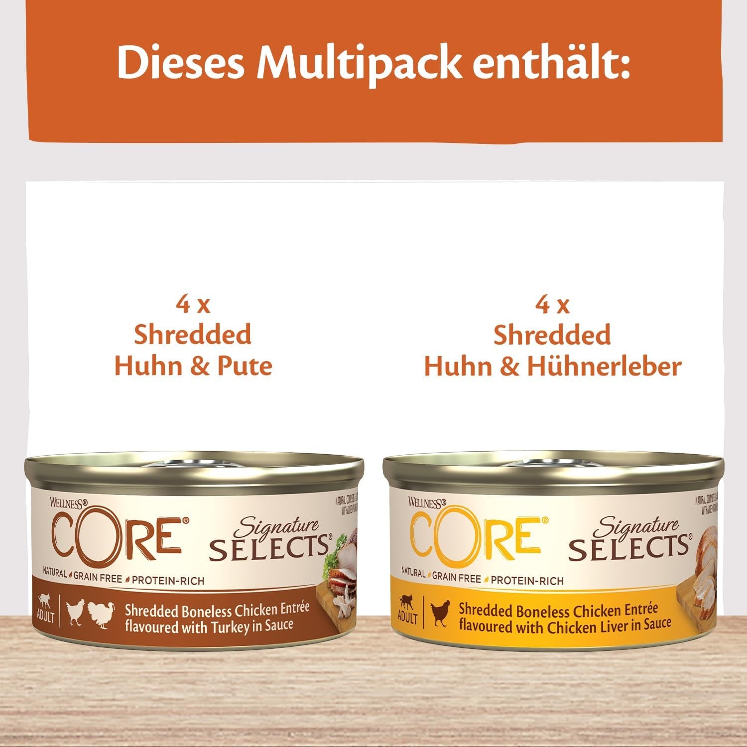 Wellness CORE Signature Selects 8 x 79 g, kylling og kalkunblanding - våd kattefoder, lækre strimler i sauce, kornfri, naturlig, allergivenlig, høj i protein, høj i kød