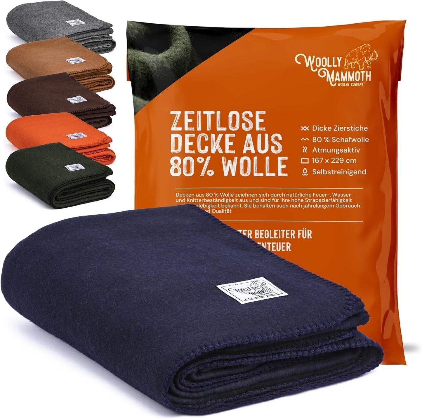 Woolly Mammoth Woolen Co. campingtæppe, ekstra stort, merinould, Det perfekte udendørsudstyr til bushcraft, camping, trekking, vandreture, overlevelse eller hyttetæppe. Brun, 168 X 228 Woolly Mammoth Woolen Company Senge og tæpper Marineblå 66" X 90"