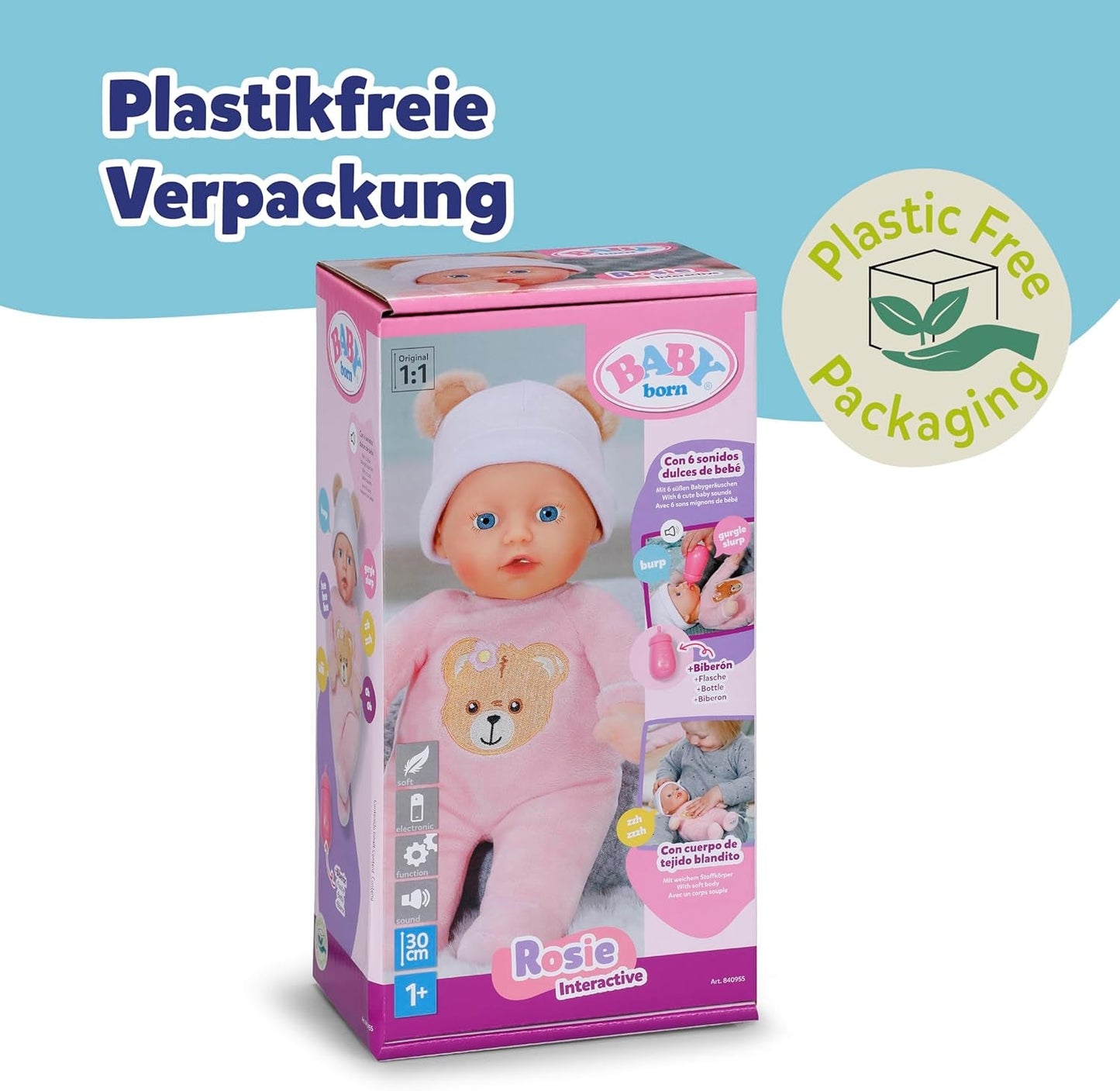 Baby Born Rosie blød dukke 30 cm med 6 lyde og flaske, pink