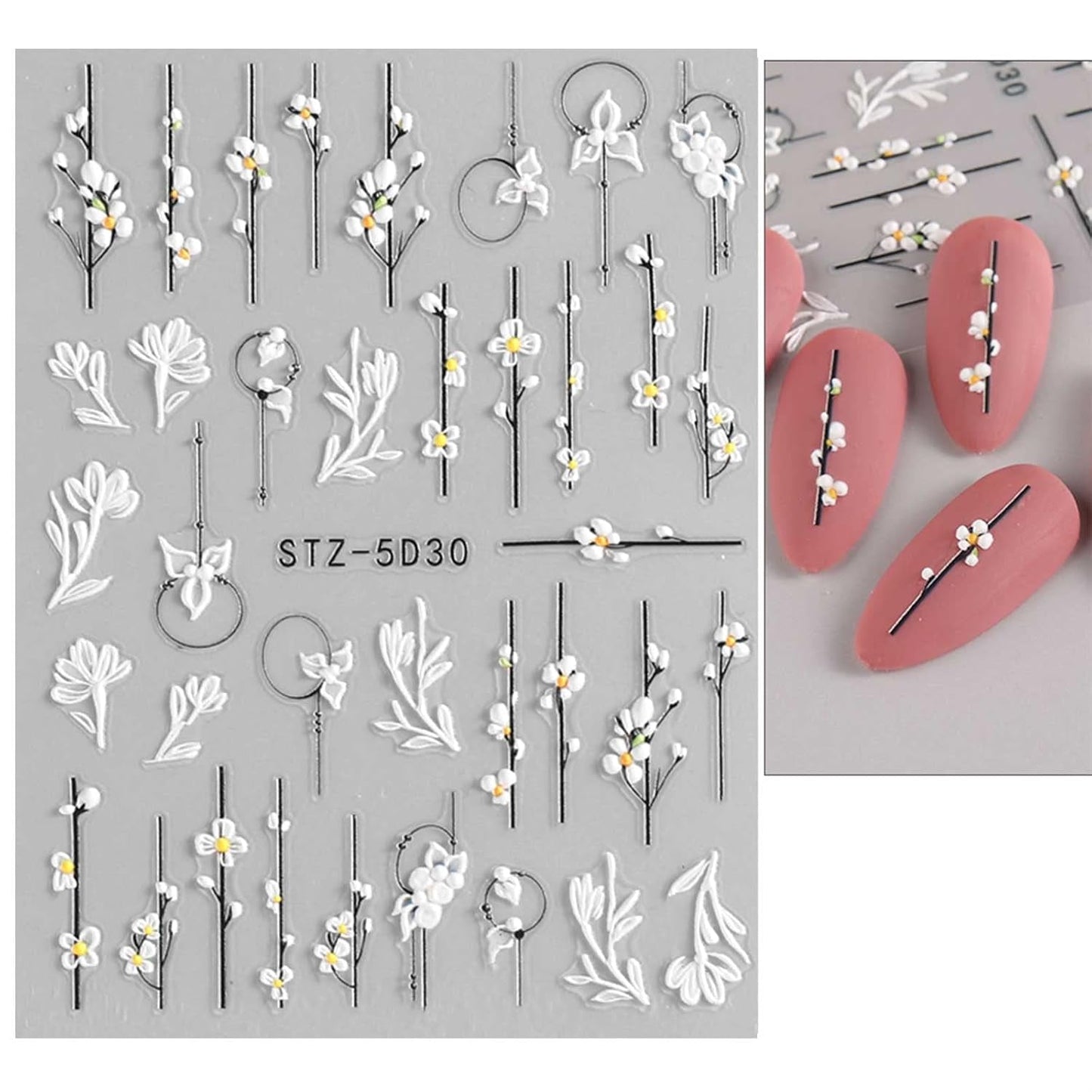 JMEOWIO 3D Nagelsticker Frühling Blume Nail Art Sticker Selbstklebend Nagelaufkleber 5D Stereoskopisk Blumen Dekoration Nageldesign Tilbehør 4 Blatt