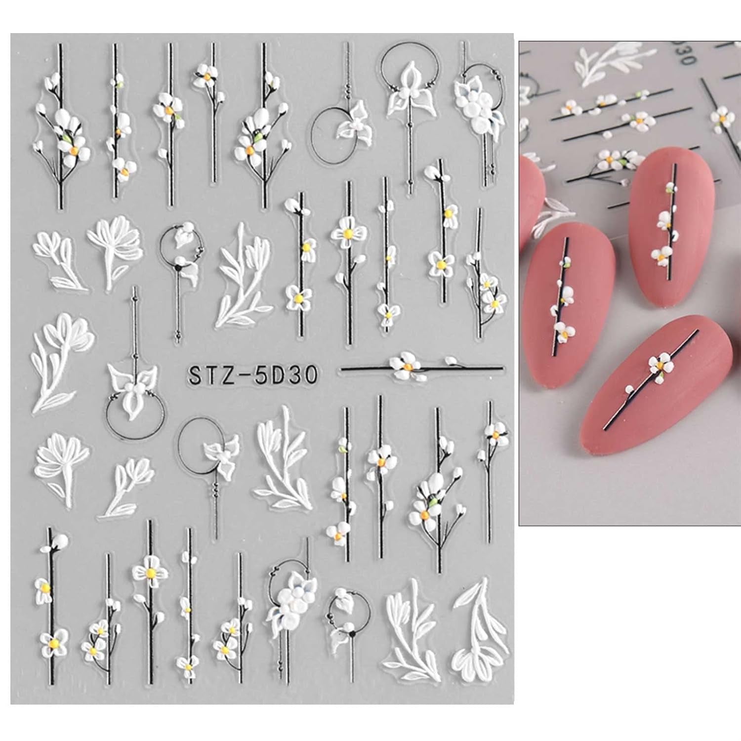 JMEOWIO 3D Nagelsticker Frühling Blume Nail Art Sticker Selbstklebend Nagelaufkleber 5D Stereoskopisk Blumen Dekoration Nageldesign Tilbehør 4 Blatt
