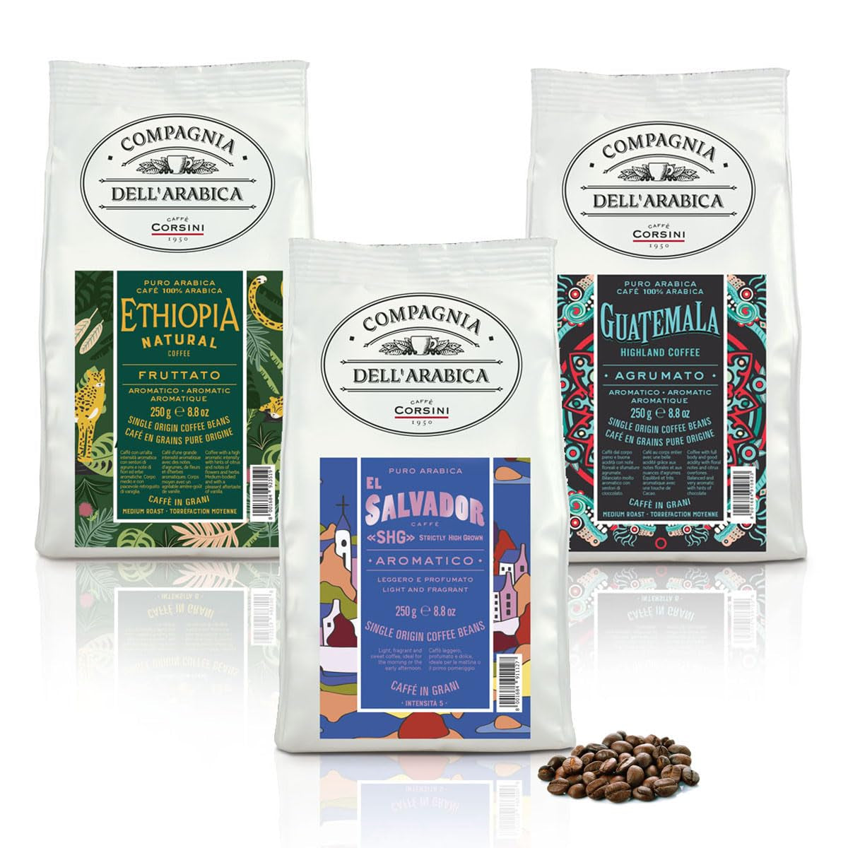 Caffè Corsini - Kaffeebohnen 3x250g Compagnia Dell'Arabica Sæt Guatemala/Äthiopien/El Salvador, Einzelner Ursprung, i alt 750g