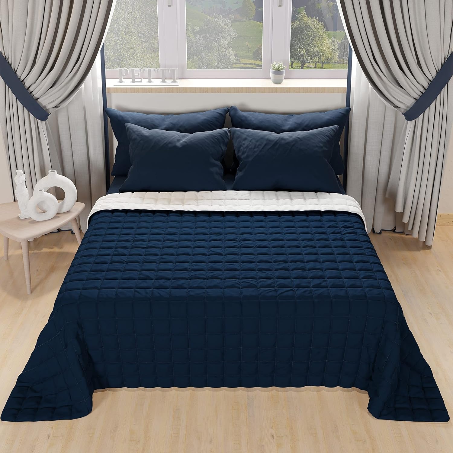 PETTI Artigiani Italiani - Enkeltsengsdyne, dobbeltsidet quilt, forårsdyne, midnatsblå, hvid, 100% Made in Italy Dyner og dyner Naty Shop